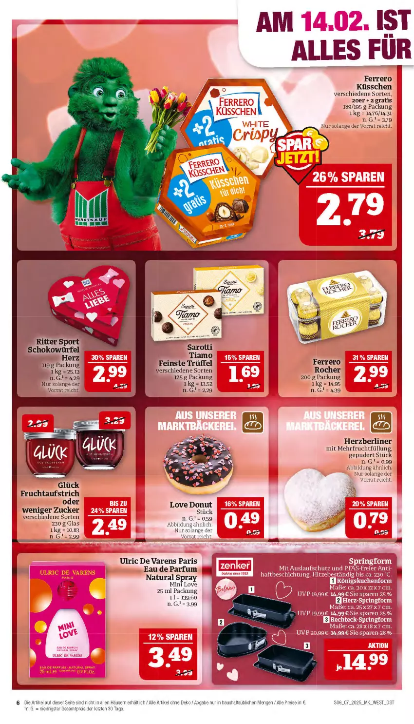 Aktueller Prospekt Marktkauf - Prospekt - von 09.02 bis 15.02.2025 - strona 6 - produkty: aufstrich, berliner, Donut, Eau de parfum, eis, ferrero, Ferrero Küsschen, Ferrero Rocher, frucht, fruchtaufstrich, natur, natura, parfum, reis, ritter, ritter sport, saro, sarotti, schoko, schokowürfel, Sport, Ti, Trüffel, würfel, ZTE, zucker