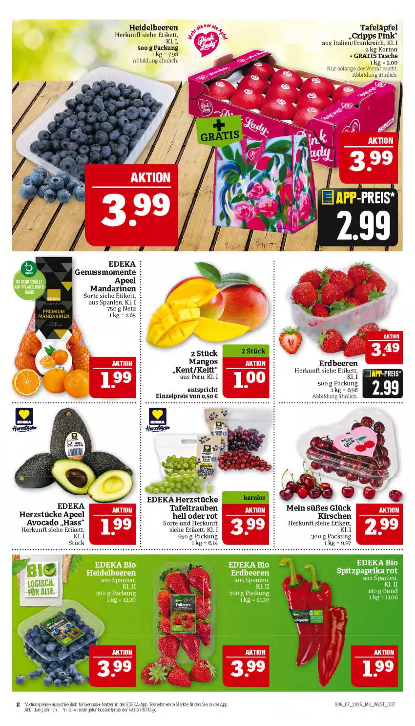 Aktueller Prospekt Marktkauf - Prospekt - von 09.02 bis 15.02.2025 - strona 8 - produkty: aktionspreis, avocado, beere, beeren, bio, cin, deka, edeka bio, eis, ente, erdbeere, erdbeeren, heidelbeere, heidelbeeren, kirsch, kirsche, kirschen, mandarine, mandarinen, mango, mangos, nuss, paprika, paprika rot, reis, Spitzpaprika, tafeläpfel, tafeltrauben, Tasche, Ti, trauben, ZTE