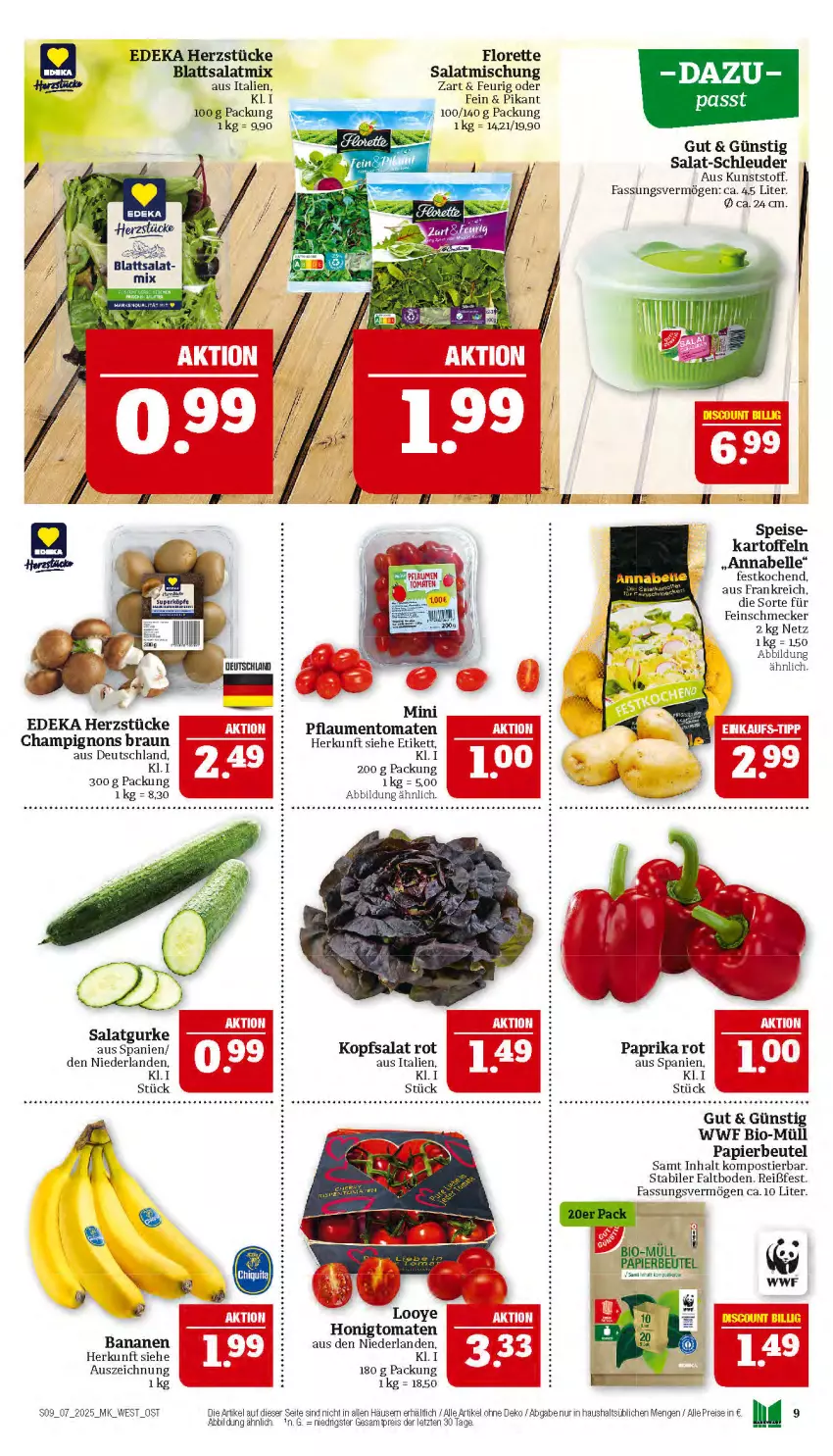 Aktueller Prospekt Marktkauf - Prospekt - von 09.02 bis 15.02.2025 - strona 9 - produkty: banane, bananen, beutel, bio, braun, champignon, champignons, champignons braun, deka, eis, elle, feinschmecker, florette, gurke, honig, Honigtomaten, kartoffel, kartoffeln, kopfsalat, papier, paprika, pflaume, pflaumen, reis, salat, Salatgurke, Salatmix, Stier, Ti, tomate, tomaten, ZTE