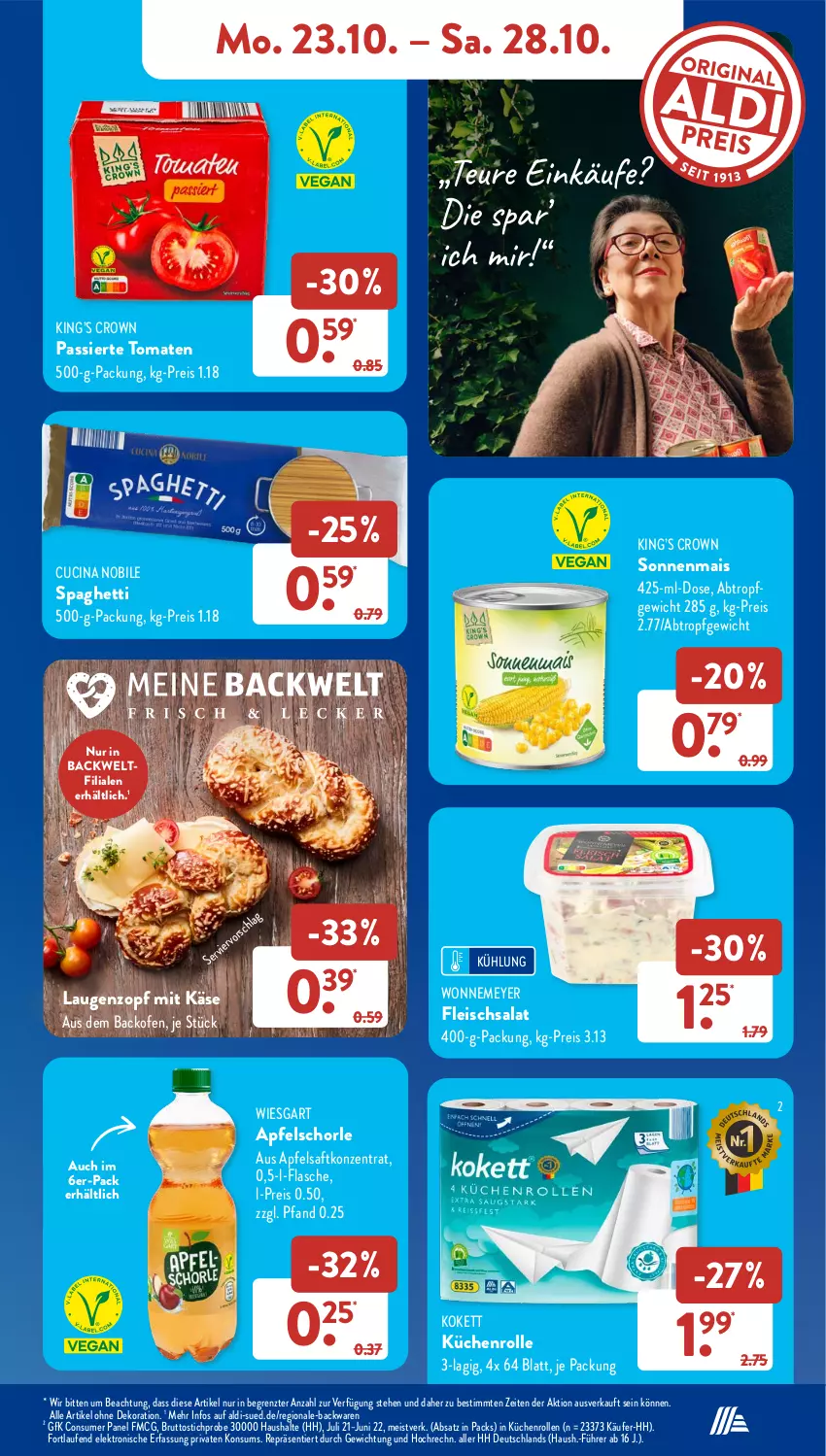 Aktueller Prospekt AldiSud - NÄCHSTE WOCHE - von 23.10 bis 28.10.2023 - strona 11 - produkty: aldi, alle artikel ohne dekoration, apfel, apfelsaft, Apfelschorle, backofen, backwaren, brut, cin, dekoration, eis, Elektro, flasche, fleisch, fleischsalat, HP, Käse, küche, Küchen, küchenrolle, küchenrollen, Laufen, mais, Ofen, reis, saft, salat, schorle, spaghetti, Ti, tomate, tomaten, ZTE