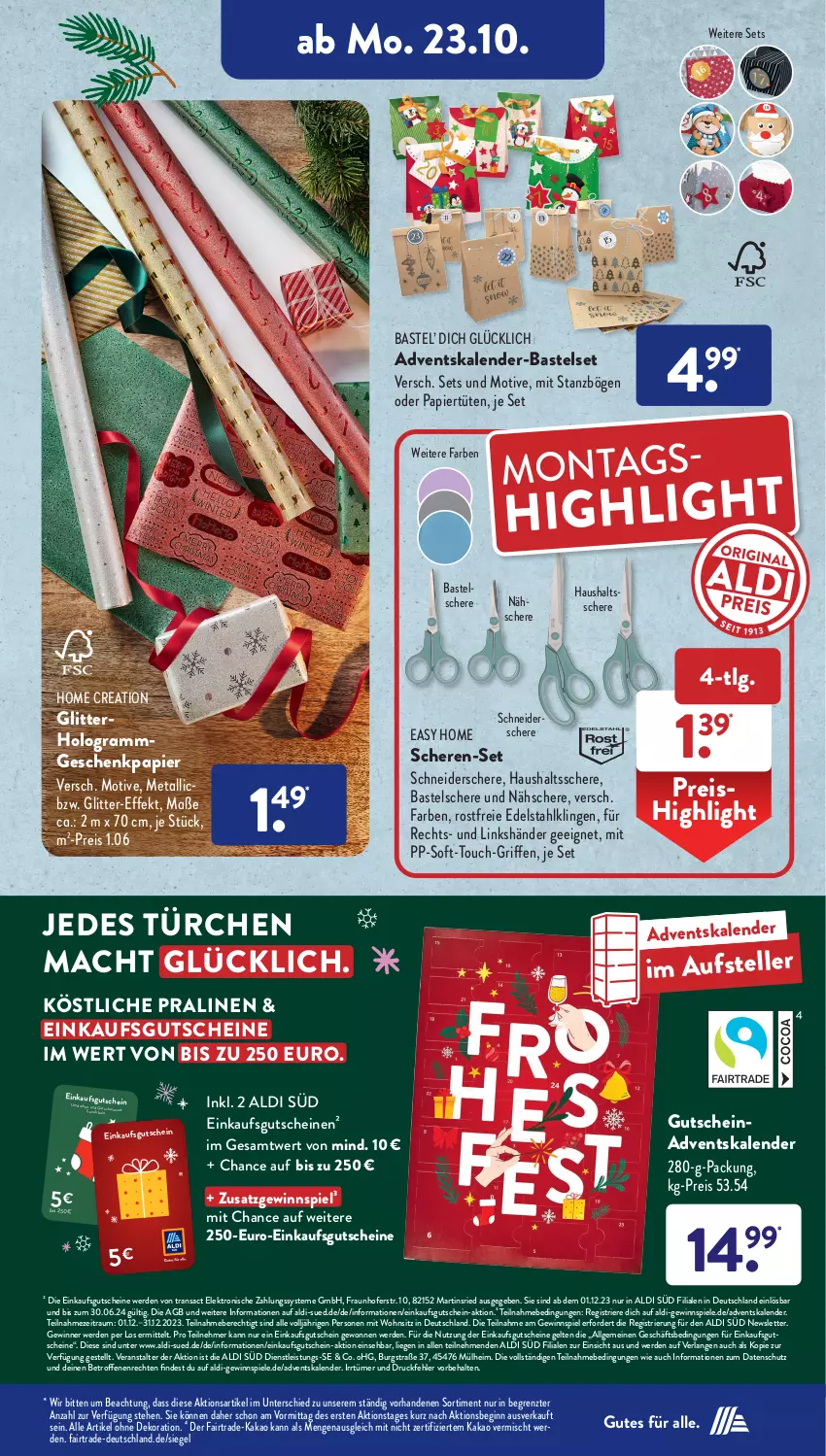 Aktueller Prospekt AldiSud - NÄCHSTE WOCHE - von 23.10 bis 28.10.2023 - strona 15 - produkty: Adventskalender, aldi, alle artikel ohne dekoration, dekoration, edelstahl, eis, Elektro, elle, erde, Geschenkpapier, gewinnspiel, gin, gutschein, gutscheine, kakao, LG, Liege, mac, papier, Papiertüte, pralinen, reis, sac, Schere, Spiele, teller, Ti, Tüte, ZTE