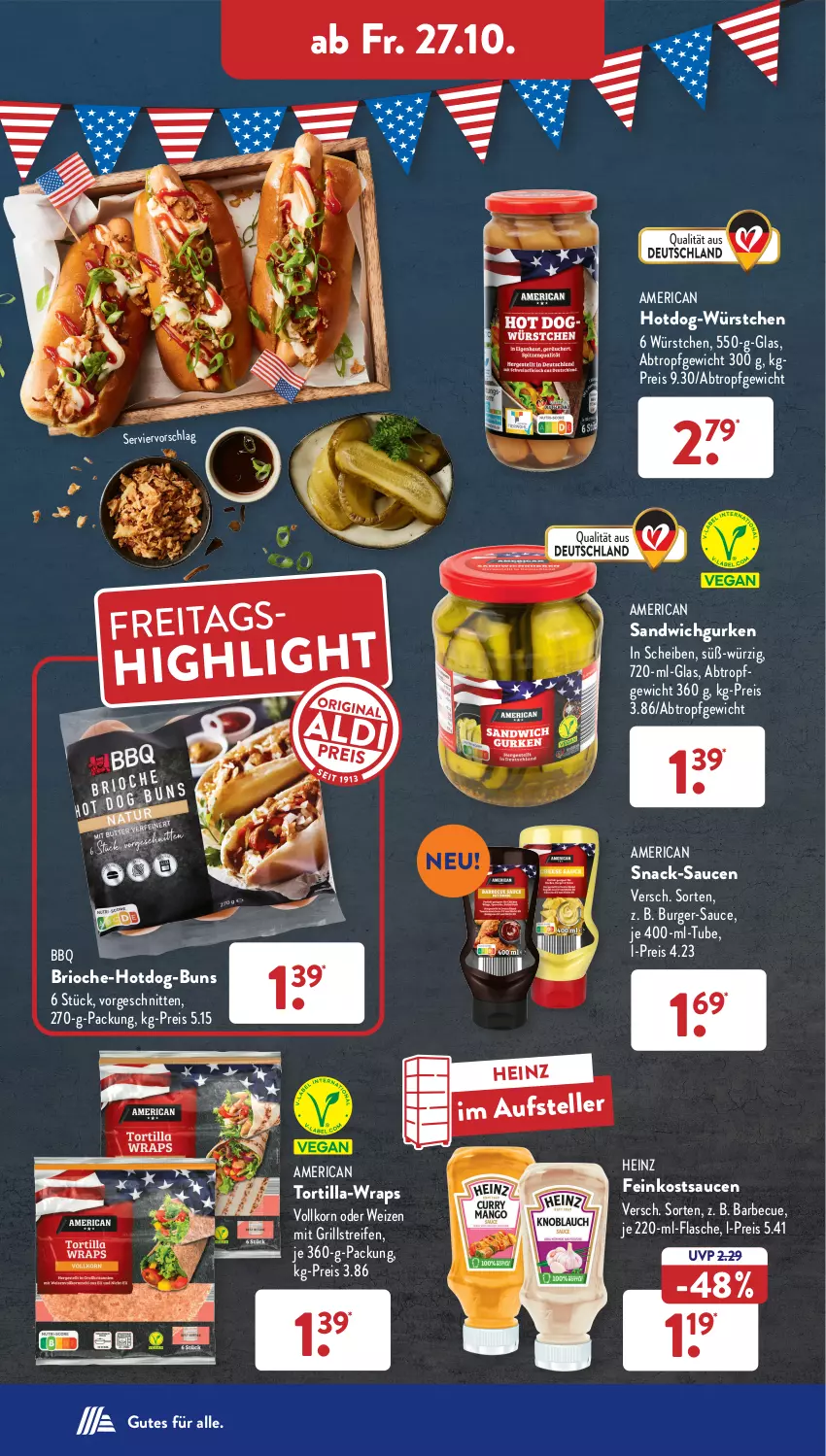 Aktueller Prospekt AldiSud - NÄCHSTE WOCHE - von 23.10 bis 28.10.2023 - strona 34 - produkty: barbecue, burger, eis, elle, feinkost, flasche, grill, gurke, gurken, heinz, korn, reifen, reis, sandwich, sauce, saucen, schnitten, snack, teller, Ti, tortilla, Tortilla-wrap, wrap, wraps, würstchen