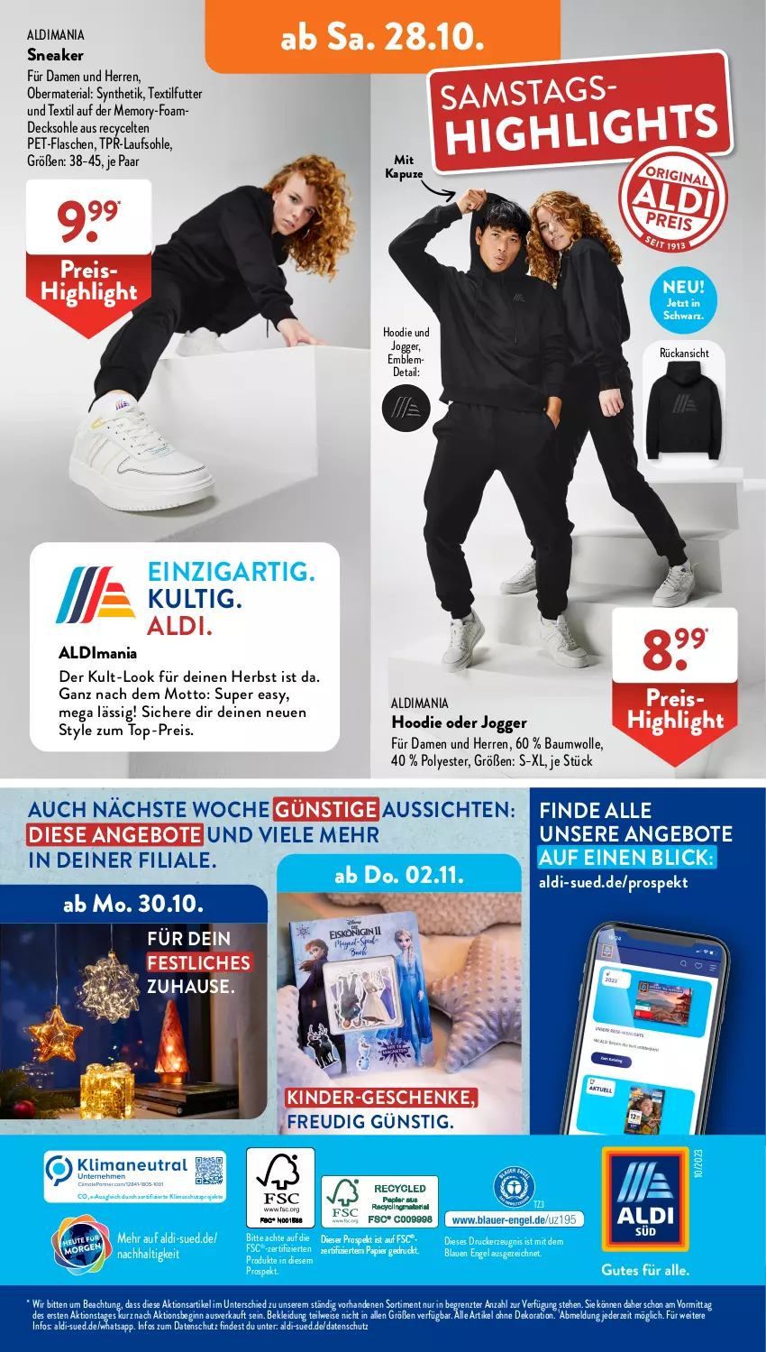 Aktueller Prospekt AldiSud - NÄCHSTE WOCHE - von 23.10 bis 28.10.2023 - strona 43 - produkty: aldi, alle artikel ohne dekoration, angebot, angebote, Bau, baumwolle, decksohle, dekoration, drucker, eis, Engel, flasche, gin, kerze, Kinder, kleid, Kleidung, papier, pet-flasche, pet-flaschen, reis, Ria, sneaker, Ti, top-preis, wolle, ZTE