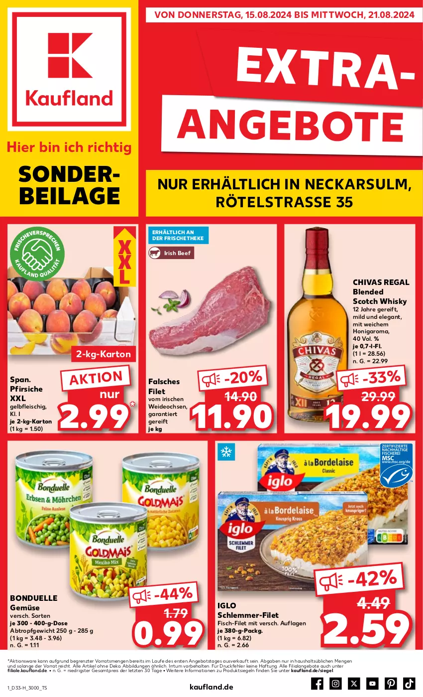 Aktueller Prospekt Kaufland - Extra-Angebote - von 15.08 bis 21.08.2024 - strona 1 - produkty: angebot, angebote, beef, blended scotch, blended scotch whisky, bonduelle, deo, eis, elle, Falsches Filet, filet, fisch, fleisch, honig, iglo, ilag, pfirsich, pfirsiche, regal, reis, schlemmer-filet, scotch, scotch whisky, Ti, whisky, ZTE