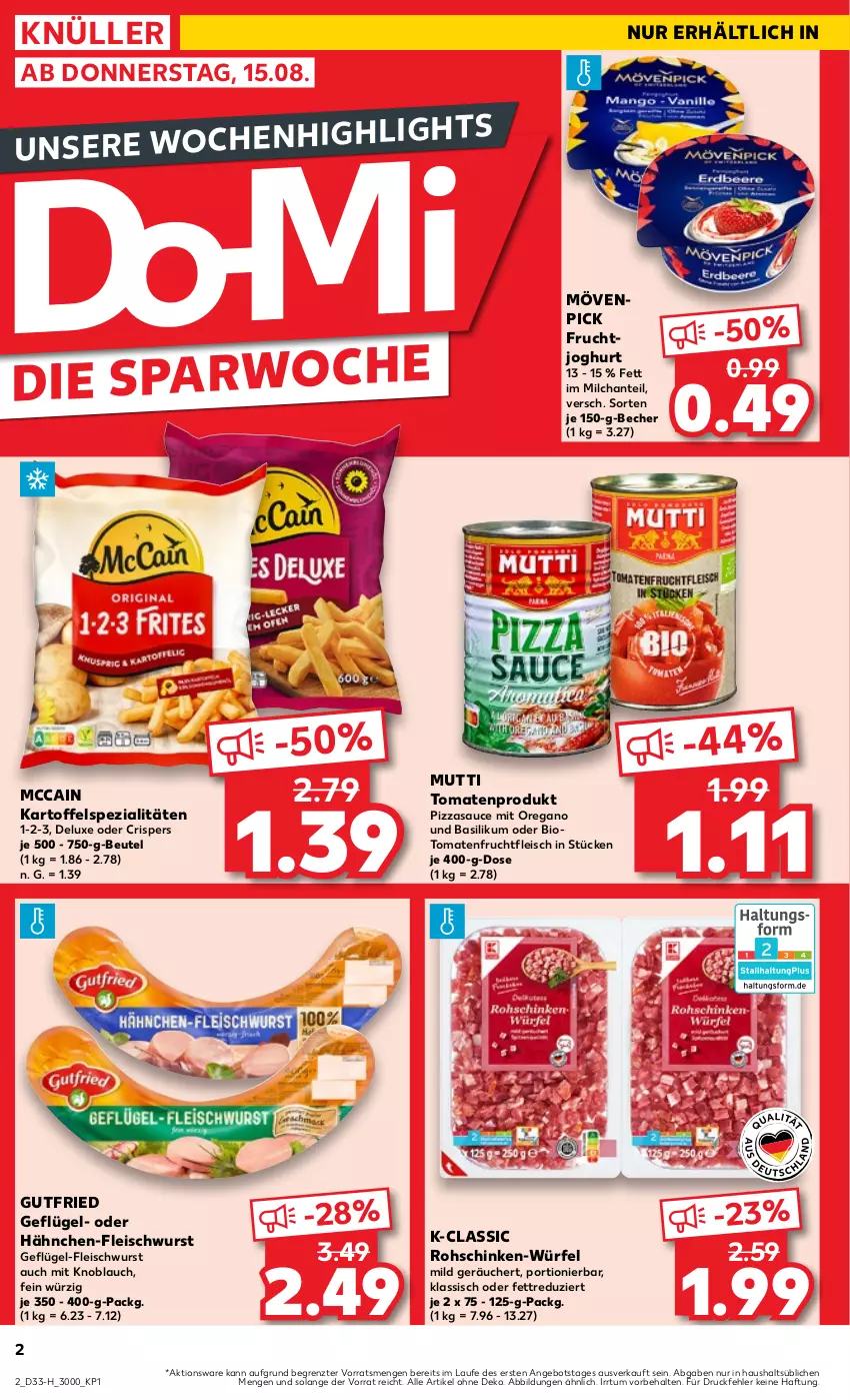 Aktueller Prospekt Kaufland - Extra-Angebote - von 15.08 bis 21.08.2024 - strona 2 - produkty: angebot, basilikum, Becher, beutel, bio, eis, fleisch, fleischwurst, frucht, fruchtfleisch, fruchtjoghurt, Geflügel, Geflügel-Fleischwurst, gutfried, joghur, joghurt, kartoffel, knoblauch, mccain, milch, mit knoblauch, mövenpick, Mutti, pizza, rohschinken, sauce, schinken, Schinken-Würfel, Spezi, Ti, tomate, tomaten, würfel, wurst, ZTE