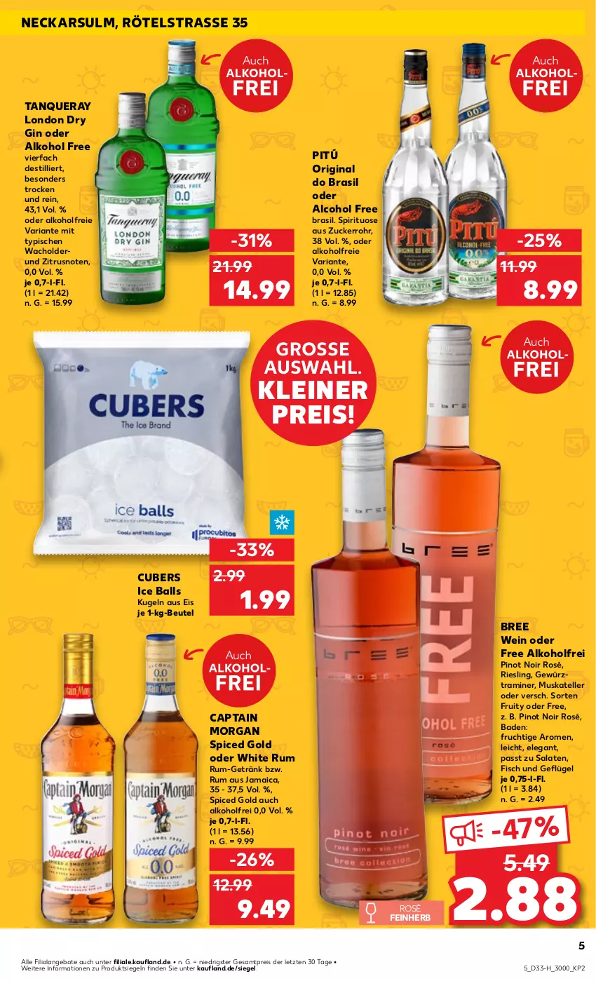 Aktueller Prospekt Kaufland - Extra-Angebote - von 15.08 bis 21.08.2024 - strona 5 - produkty: alkohol, angebot, angebote, Bad, ball, beutel, bree, Cap, captain morgan, dry gin, eis, elle, fisch, frucht, Geflügel, getränk, gewürz, gin, Ice Balls, Kugel, leine, london dry, london dry gin, Pinot, pinot noir, reis, Ria, riesling, rum, salat, salate, Tanqueray, teller, Ti, wein, white rum, ZTE, zucker