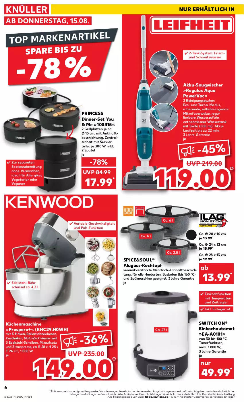 Aktueller Prospekt Kaufland - Extra-Angebote - von 15.08 bis 21.08.2024 - strona 6 - produkty: akku, angebot, angebote, aqua, auto, backofen, ball, edelstahl, eis, elle, grill, grillplatte, herdarten, Kochtopf, küche, Küchen, küchenmaschine, latte, leine, mikrofaser, Mixa, Ofen, Reinigung, reis, Ria, Rührschüssel, Saugwischer, Schneebesen, schüssel, teller, Ti, Tiere, timer, topf, uhr, Vegeta, wasser, wassertank, Yo, Zerkleinerer, Zitruspresse, ZTE