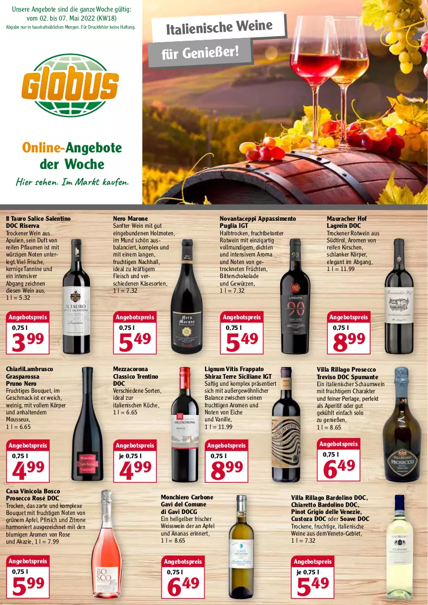 Aktueller Prospekt Globus - Prospekte - von 02.05 bis 07.05.2022 - strona 1 - produkty: ananas, angebot, angebote, angebotspreis, aperitif, apfel, chia, classico, cola, corona, dell, ecco, eis, elle, fleisch, frucht, früchte, früchten, gewürz, Holz, Käse, kirsch, kirsche, kirschen, küche, Lambrusco, LG, mac, mezzacorona, mit frucht, mousse, nero, perla, pfirsich, pflaume, pflaumen, Pinot, pinot grigio, prosecco, puma, reifen, reis, riserva, rotwein, saft, schoko, schokolade, sim, spumante, Ti, usb, vanille, wein, weine, zitrone