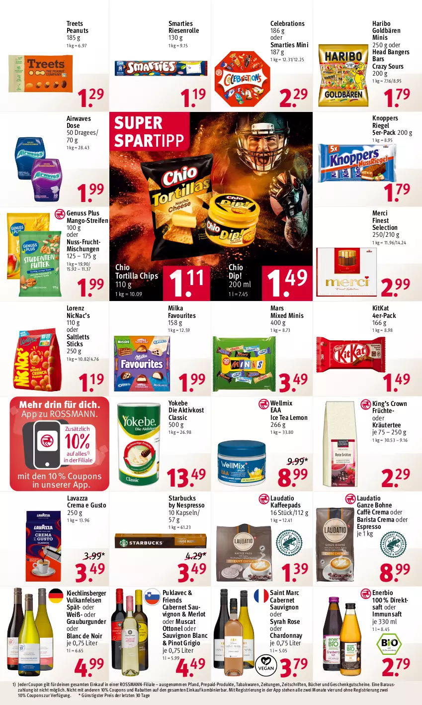 Aktueller Prospekt Rossmann - Prospekte - von 05.02 bis 09.02.2024 - strona 12 - produkty: Berger, bio, bohne, burgunder, cabernet, cabernet sauvignon, caffè crema, chardonnay, chips, coupon, coupons, dip, direktsaft, eis, espresso, frucht, früchte, goldbären, grauburgunder, gutschein, gutscheine, haribo, ice tea, kaffee, kaffeepads, kitkat, knoppers, kräuter, lavazza, lorenz, mango, mars, merci, merl, merlot, milka, muscat, nespresso, nuss, oder espresso, oder kräuter, Pinot, pinot grigio, reifen, reis, riegel, saft, saltletts, sauvignon, sauvignon blanc, smarties, spartipp, starbucks, tee, Ti, tortilla, Tortilla Chips, Yo, Yokebe, ZTE