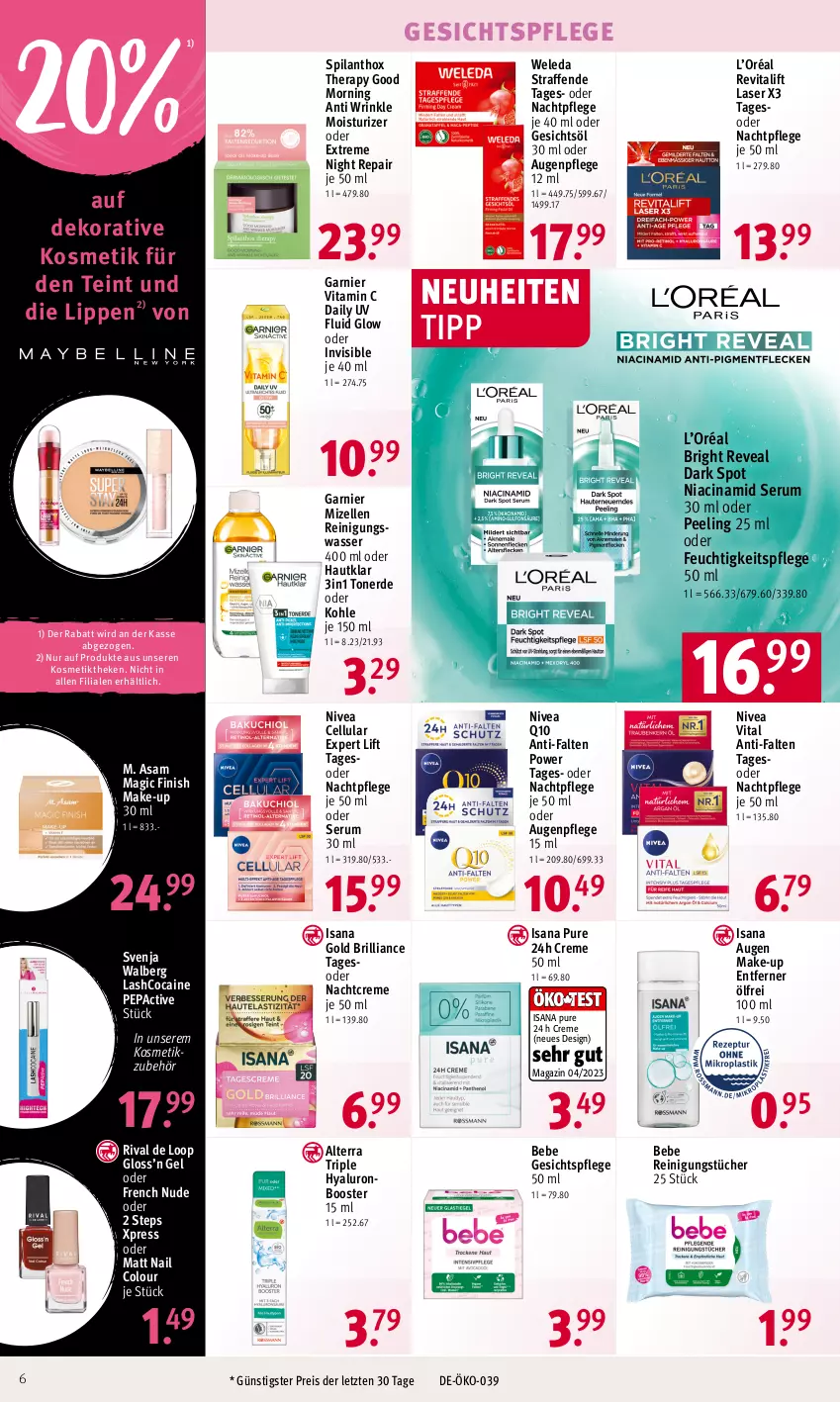 Aktueller Prospekt Rossmann - Prospekte - von 05.02 bis 09.02.2024 - strona 6 - produkty: alterra, Augenpflege, Bebe, cin, creme, eis, elle, erde, feuchtigkeitspflege, Finish, garnier, Gesichtsöl, gesichtspflege, gsw, hyaluron, isana, kosmetik, magazin, Make-up, mizellen, Mizellen Reinigungswasser, nachtcreme, nachtpflege, neuheit, nivea, Peeling, Q10, Reinigung, reinigungstücher, reis, Revital, revitalift, rum, sana, Serum, Ti, Toner, tücher, vita, Vitamin C, wasser, weleda, ZTE