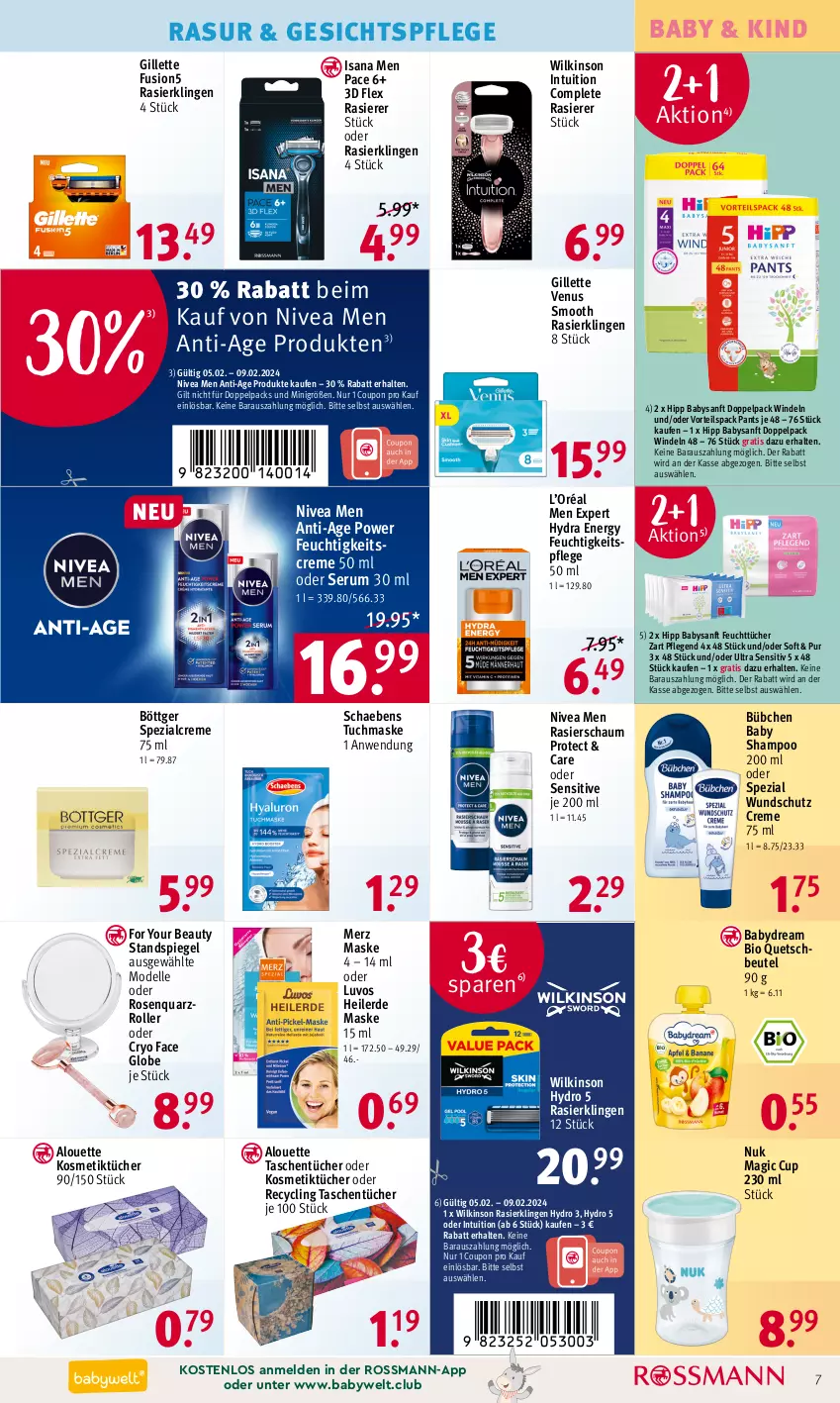 Aktueller Prospekt Rossmann - Prospekte - von 05.02 bis 09.02.2024 - strona 7 - produkty: alouette, Baby Shampoo, babydream, beutel, bio, bübchen, Clin, coupon, creme, dell, elle, erde, feuchtigkeitscreme, feuchtigkeitspflege, feuchttücher, For Your Beauty, fusion5, gesichtspflege, gillette, gillette venus, hipp, isana, kosmetik, Kosmetiktücher, Maske, Mode, nivea, Nivea Men, nuk, Pants, quetschbeutel, rasierer, Rasierklinge, rasierklingen, Rasierschaum, Roller, rosen, rum, sana, Schaebens, Serum, shampoo, Spezi, spiegel, Standspiegel, Tasche, taschen, taschentücher, Ti, tuc, tücher, tuchmaske, venus, wilkinson, windeln, Yo