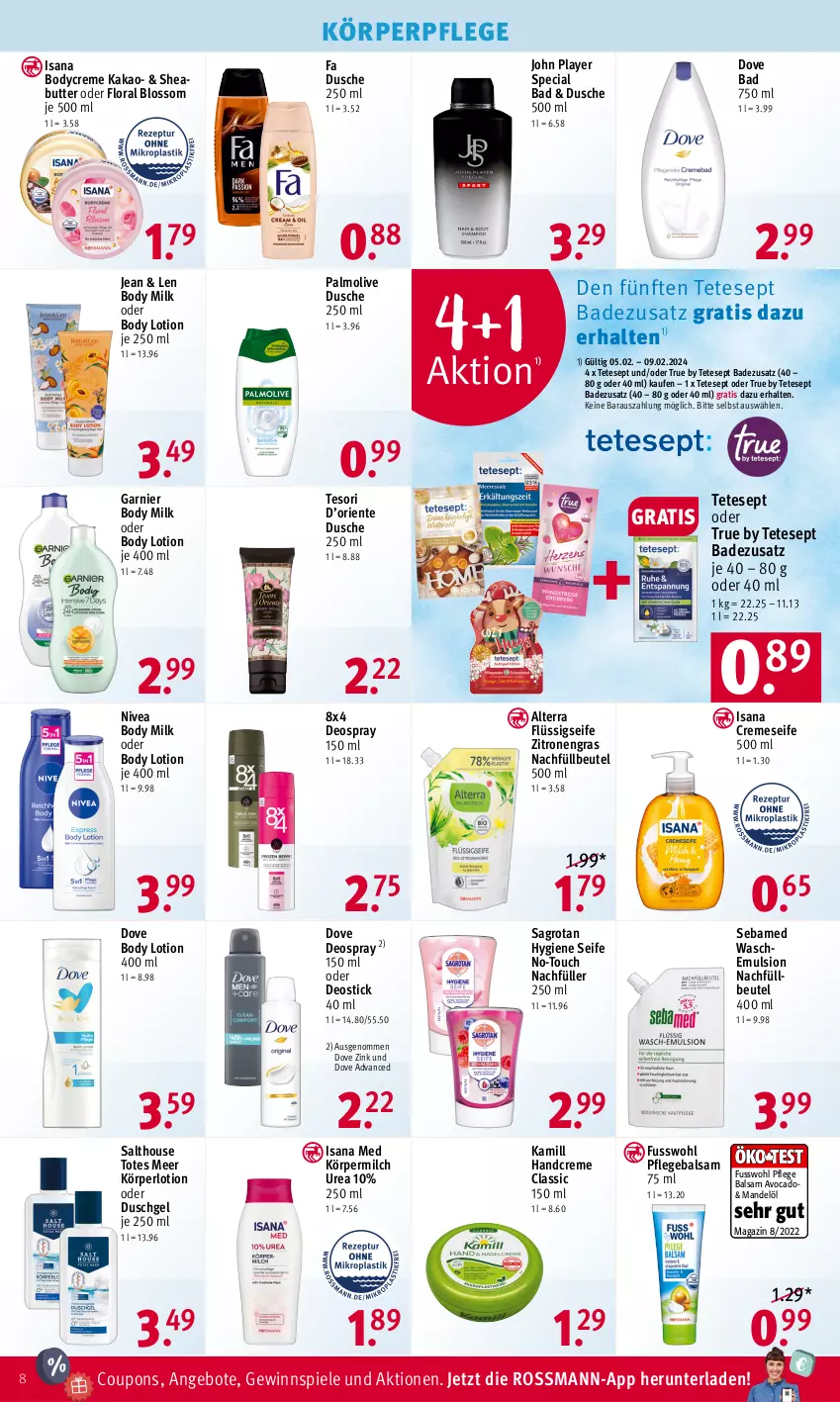 Aktueller Prospekt Rossmann - Prospekte - von 05.02 bis 09.02.2024 - strona 8 - produkty: alterra, angebot, angebote, avocado, Bad, balsam, beutel, body, body lotion, body milk, butter, coupon, coupons, creme, cremeseife, deo, deospray, deospray 150 ml, Deostick, dove, dusche, duschgel, ente, flüssigseife, Fusswohl, garnier, gewinnspiel, handcreme, isana, kakao, Kamill, Körperlotion, körperpflege, Lotion, magazin, mandel, Mandelöl, milch, nivea, olive, Oral B, palmolive, Pflegebalsam, sagrotan, sana, sebamed, Seife, Sheabutter, Spiele, Ti, zitrone, zitronen