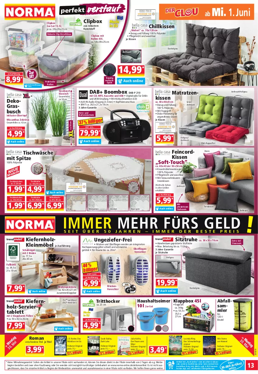 Aktueller Prospekt Norma - Norma - von 30.05 bis 06.06.2022 - strona 13 - produkty: Bank, batterie, Bebe, beere, beutel, braun, buch, chili, cin, decke, dell, eimer, eis, elle, erde, gin, hocker, Holz, kissen, kissenhülle, Klappbox, kopfhörer, kraft, Läufer, LG, Liege, matratze, matratzen, Mett, mitteldecke, möbel, Mp3, ndk, obst, Radio, regal, reis, Schmetterling, schuhregal, senf, Serviertablett, Sitztruhe, tablet, tablett, Ti, tisch, tischläufer, Tischwäsche, topf, tragegriff, übertopf, uhr, usb, weck