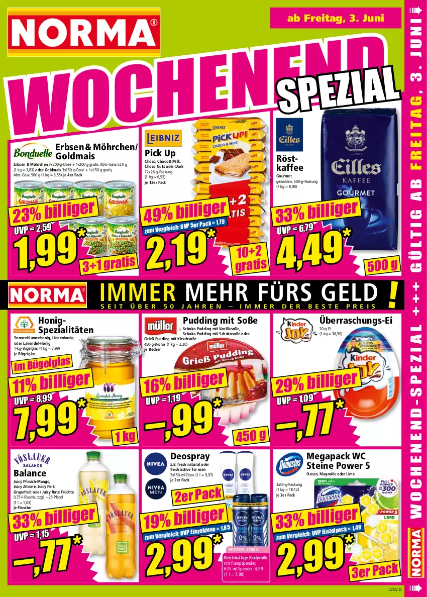 Aktueller Prospekt Norma - Norma - von 30.05 bis 06.06.2022 - strona 15 - produkty: Becher, blume, blumen, body, Bodymilk, bügel, deo, deospray, erbsen, flasche, früchte, Goldmais, grapefruit, honig, kaffee, kirsch, lavendel, LG, mais, mango, natur, natura, pfirsich, pudding, röstkaffee, schoko, sonnenblume, sonnenblumen, Soße, Spezi, Ti, zitrone