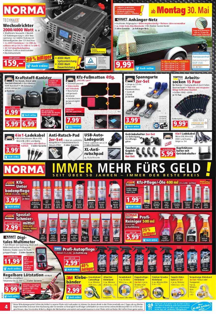 Aktueller Prospekt Norma - Norma - von 30.05 bis 06.06.2022 - strona 4 - produkty: Anhänger, apfel, Arbeitssocken, auer, aufbewahrungstasche, auto, batterie, batterien, Bau, Beba, Bebe, braun, cin, citrus, deka, Diesel, eis, Elektro, elle, Fahrrad, felgen, Felgenreiniger, Fußmatte, getränk, getränke, getränkehalter, gin, HP, kopfstütze, kraft, ladegerät, ladekabel, LG, Lüftungsgitter, ndk, reifen, reiniger, Reinigung, reis, rwe, Schal, Scheibenreiniger, schnellladefunktion, shampoo, socken, Spezi, Spiele, Sport, steckdose, Tasche, taschen, tee, teppich, Ti, tisch, topf, usb, vanille, wasser