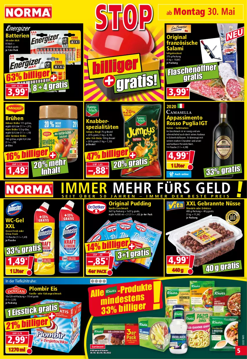 Aktueller Prospekt Norma - Norma - von 30.05 bis 06.06.2022 - strona 5 - produkty: batterie, batterien, Bau, beutel, Brühe, citrus, eis, erdnüsse, flasche, Frit-Sticks, gin, Holz, hühner, kakao, mac, mandel, mandeln, pudding, ring, rwe, salami, sim, Spezi, Ti, usb, vanille, wc-gel