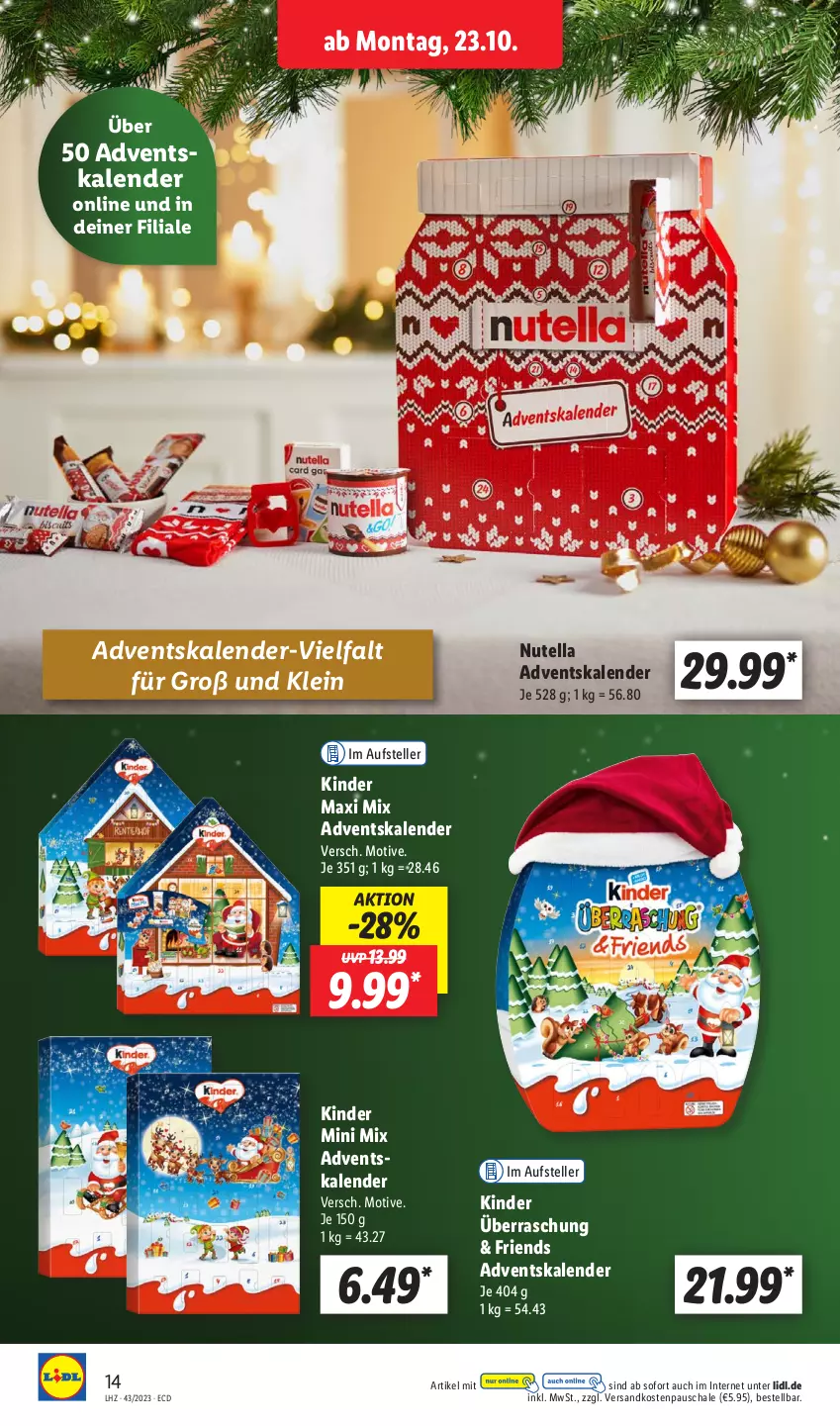 Aktueller Prospekt Lidl - Aktionsprospekt - von 23.10 bis 28.10.2023 - strona 22 - produkty: Adventskalender, elle, Kinder, Kinder Maxi, ndk, nutella, Schal, Schale, teller, Ti