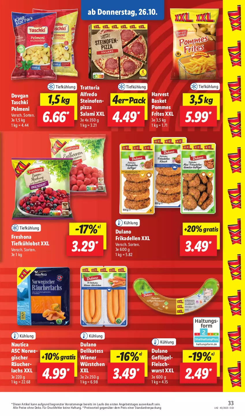 Aktueller Prospekt Lidl - Aktionsprospekt - von 23.10 bis 28.10.2023 - strona 43 - produkty: angebot, dell, dovgan, dulano, eis, elle, fleisch, fleischwurst, frikadellen, Geflügel, lachs, obst, Ofen, pelmeni, pizza, pommes, Pommes Frites, preisvorteil, Räucherlachs, reis, Ria, rwe, salami, steinofen, taschki, Ti, wiener, wiener würstchen, wurst, würstchen, ZTE