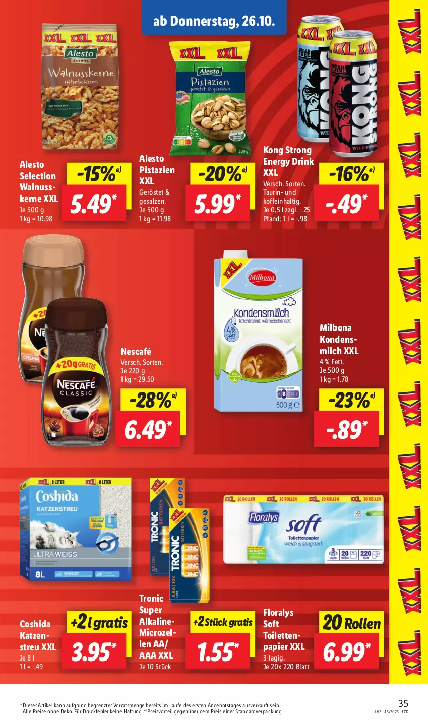 Aktueller Prospekt Lidl - Aktionsprospekt - von 23.10 bis 28.10.2023 - strona 45 - produkty: alesto, angebot, Bona, Coshida, drink, eis, elle, energy drink, Floralys, Katzenstreu, kondensmilch, Milbona, milch, Nescafé, nuss, papier, pistazien, preisvorteil, reis, salz, Ti, toilettenpapier, walnuss, walnusskerne, ZTE