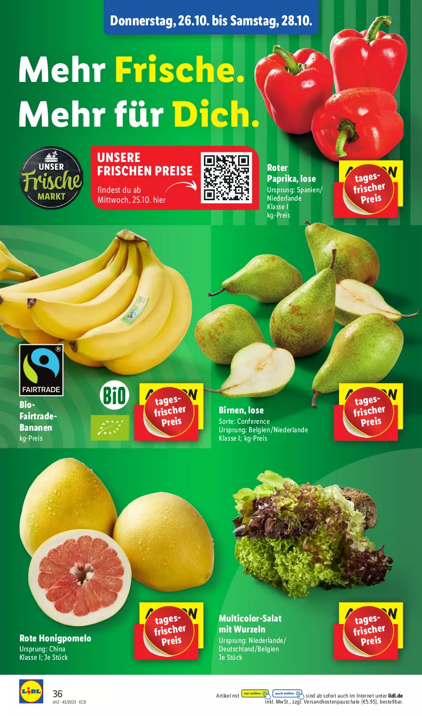 Aktueller Prospekt Lidl - Aktionsprospekt - von 23.10 bis 28.10.2023 - strona 48 - produkty: banane, bananen, bio, Birnen, eis, honig, Honigpomelo, LG, ndk, paprika, Pomelo, reis, salat, Schal, Schale, Ti