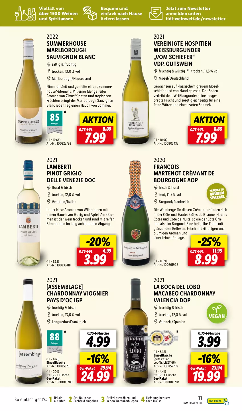 Aktueller Prospekt Lidl - Beste Weine für jeden Anlass - von 01.05 bis 31.05.2023 - strona 11 - produkty: Amber, apfel, Birnen, blume, blumen, Bourgogne, brut, burgunder, chardonnay, dell, eis, Elan, elle, flasche, frucht, früchte, früchten, honig, korb, LG, mac, perla, Pinot, pinot grigio, reifen, ring, saft, sauvignon, sauvignon blanc, spargel, spirituosen, Ti, wein, weine, Weißburgunder, Wild