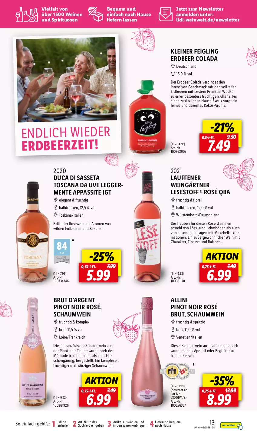 Aktueller Prospekt Lidl - Beste Weine für jeden Anlass - von 01.05 bis 31.05.2023 - strona 13 - produkty: aperitif, beere, beeren, brut, cola, Egger, eis, elle, ente, erdbeere, erdbeeren, finesse, flasche, fleisch, frucht, Germ, kirsch, kirsche, kirschen, kleiner feigling, kokos, korb, leine, mac, Pinot, pinot noir, roséwein, saft, spirituosen, Ti, trauben, wein, weine, Wild, wodka