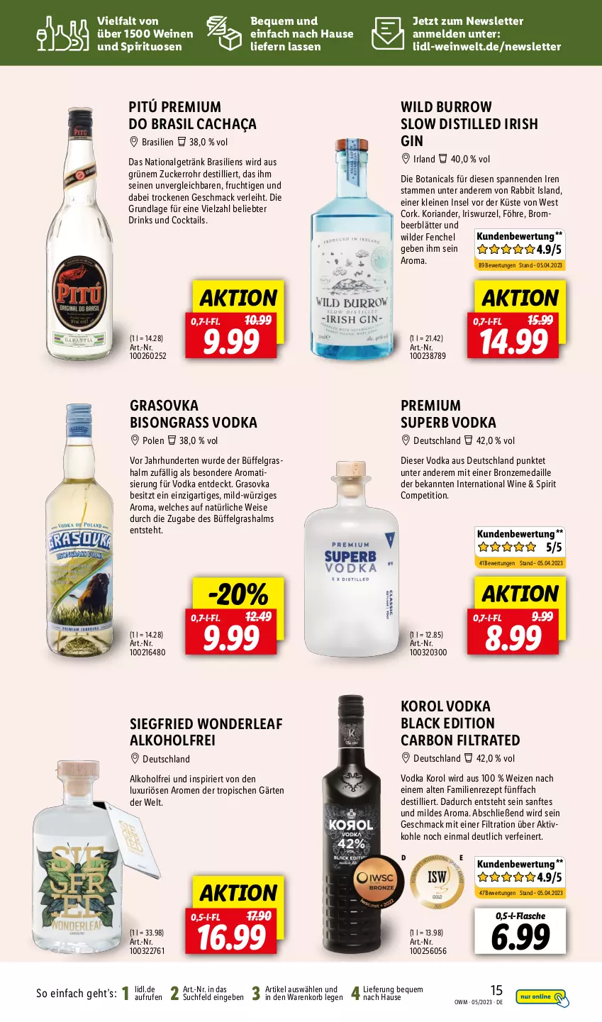 Aktueller Prospekt Lidl - Beste Weine für jeden Anlass - von 01.05 bis 31.05.2023 - strona 15 - produkty: alkohol, cachaça, cocktail, cocktails, drink, drinks, eis, fenchel, flasche, frucht, getränk, gin, korb, Koriander, lack, leine, LG, mac, rezept, Ria, spirituosen, Ti, vodka, wein, weine, Wild, zucker