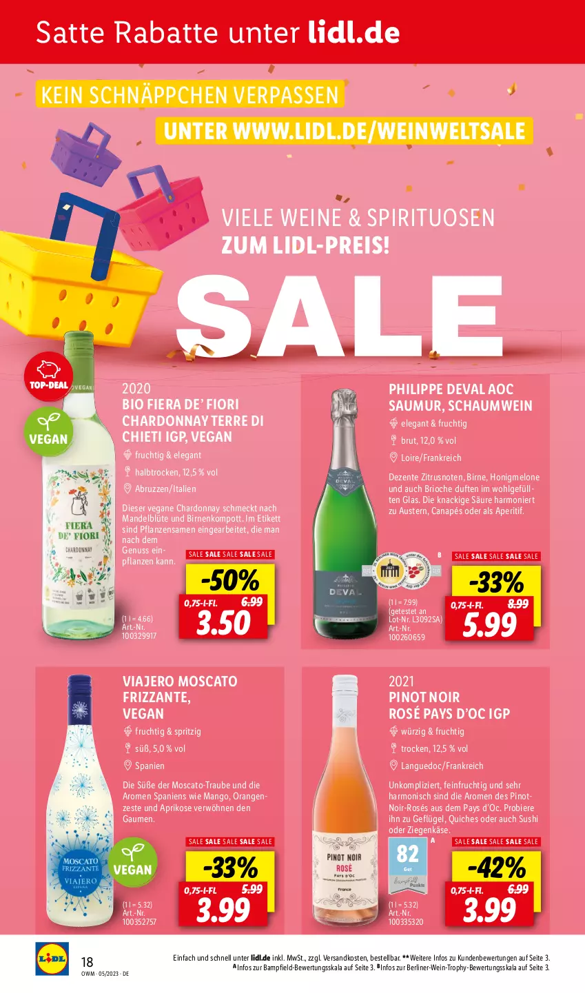 Aktueller Prospekt Lidl - Beste Weine für jeden Anlass - von 01.05 bis 31.05.2023 - strona 18 - produkty: aperitif, aprikose, aust, Austern, berliner, bier, Biere, bio, Birnen, Blüte, brut, chardonnay, eis, ente, frizzante, frucht, Geflügel, honig, honigmelone, Käse, LG, mandel, mango, melone, ndk, nuss, orange, orangen, pflanze, pflanzen, Pinot, pinot noir, Quiche, reis, schnäppchen, spirituosen, Sushi, Ti, wein, weine, ziegenkäse