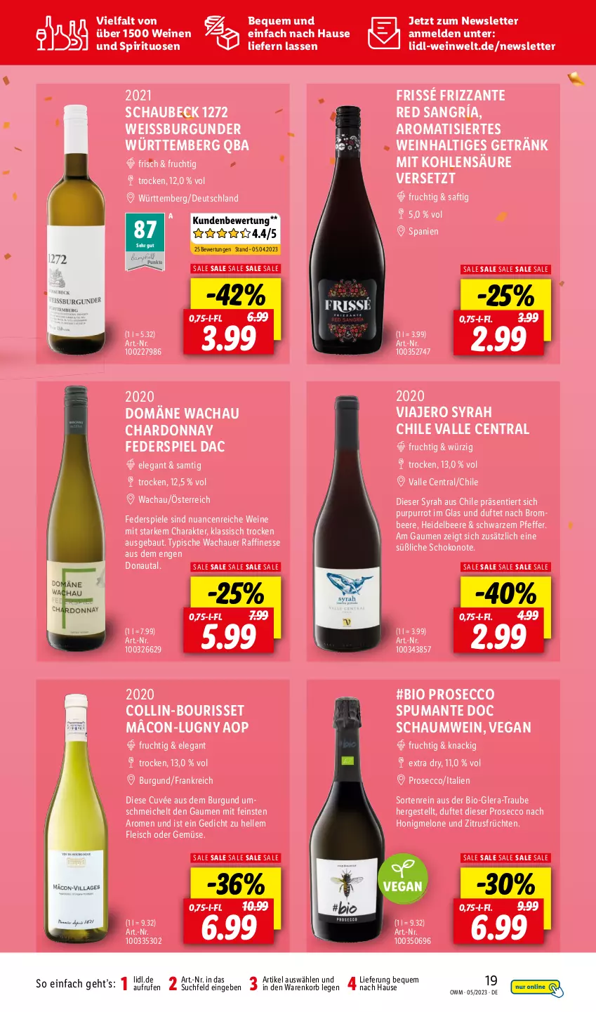 Aktueller Prospekt Lidl - Beste Weine für jeden Anlass - von 01.05 bis 31.05.2023 - strona 19 - produkty: auer, Bau, beere, bio, brombeere, burgunder, chardonnay, cuvée, ecco, eis, elle, finesse, fleisch, frizzante, frucht, früchte, früchten, getränk, heidelbeere, honig, honigmelone, korb, melone, Nuance, pfeffer, prosecco, puma, saft, schoko, Spiele, spirituosen, spumante, Ti, wein, weine