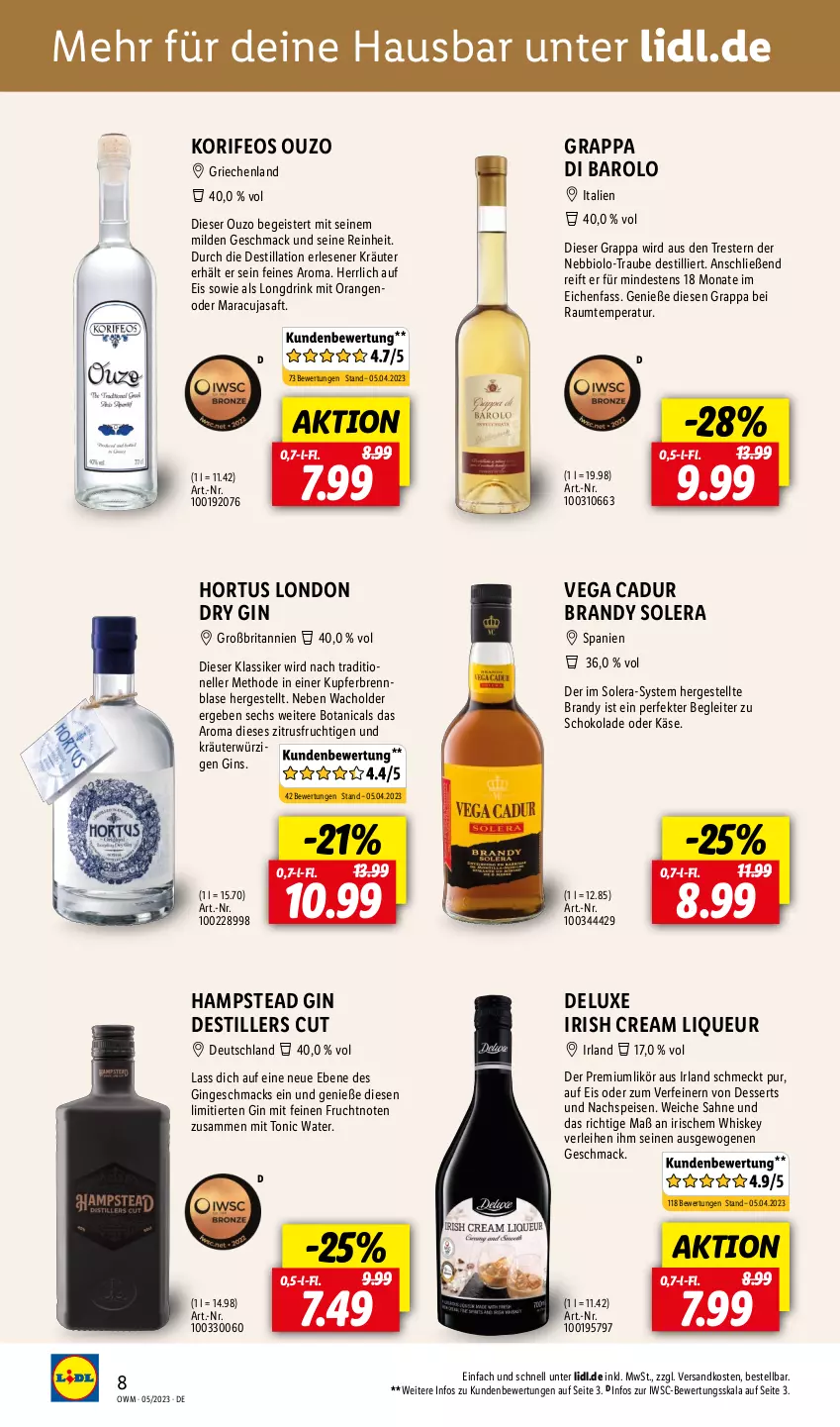 Aktueller Prospekt Lidl - Beste Weine für jeden Anlass - von 01.05 bis 31.05.2023 - strona 8 - produkty: Barolo, bio, brita, dessert, desserts, drink, dry gin, eis, elle, frucht, gin, grappa, gutschein, irish cream, Käse, kräuter, likör, liqueur, london dry, london dry gin, mac, maracuja, ndk, orange, orangen, ouzo, saft, sahne, schoko, schokolade, Ti, tonic, tonic water, usb, whiskey