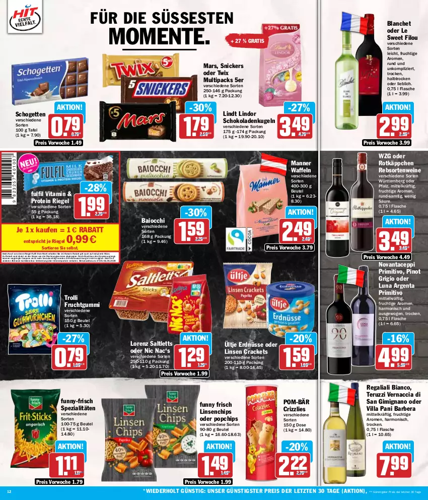 Aktueller Prospekt Hit - Wochenprospekt - von 27.05 bis 01.06.2024 - strona 12 - produkty: ACC, beutel, Brei, chips, coupon, coupons, eis, ente, erde, erdnüsse, flasche, frucht, fruchtgummi, Funny Frisch, funny-frisch, Kugel, lindor, lindt, linsen, lorenz, Manner, mars, oder twix, Pinot, pinot grigio, pom-bär, primitivo, rebsortenweine, regal, reis, riegel, rotkäppchen, saltletts, schogetten, schoko, schokolade, schokoladen, snickers, Spezi, Ti, Tiere, trolli, trolli fruchtgummi, twix, ültje, ültje erdnüsse, vita, waffeln, wein, weine, ZTE