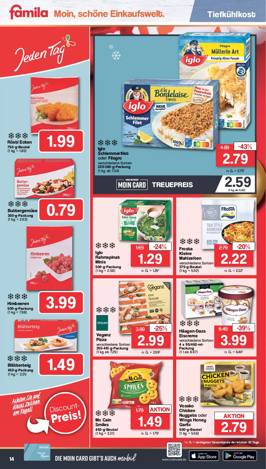 Aktueller Prospekt Famila - Prospekte - von 05.12 bis 10.12.2022 - strona 14 - produkty: beere, beeren, beutel, blätterteig, butter, chicken nuggets, creme, eis, eiscreme, filegro, filet, frosta, häagen-dazs, himbeer, himbeere, himbeeren, iglo, leine, mc cain, nuggets, pizza, reis, schlemmerfilet, spinat, Ti, tiefkühlkost, vossko, ZTE