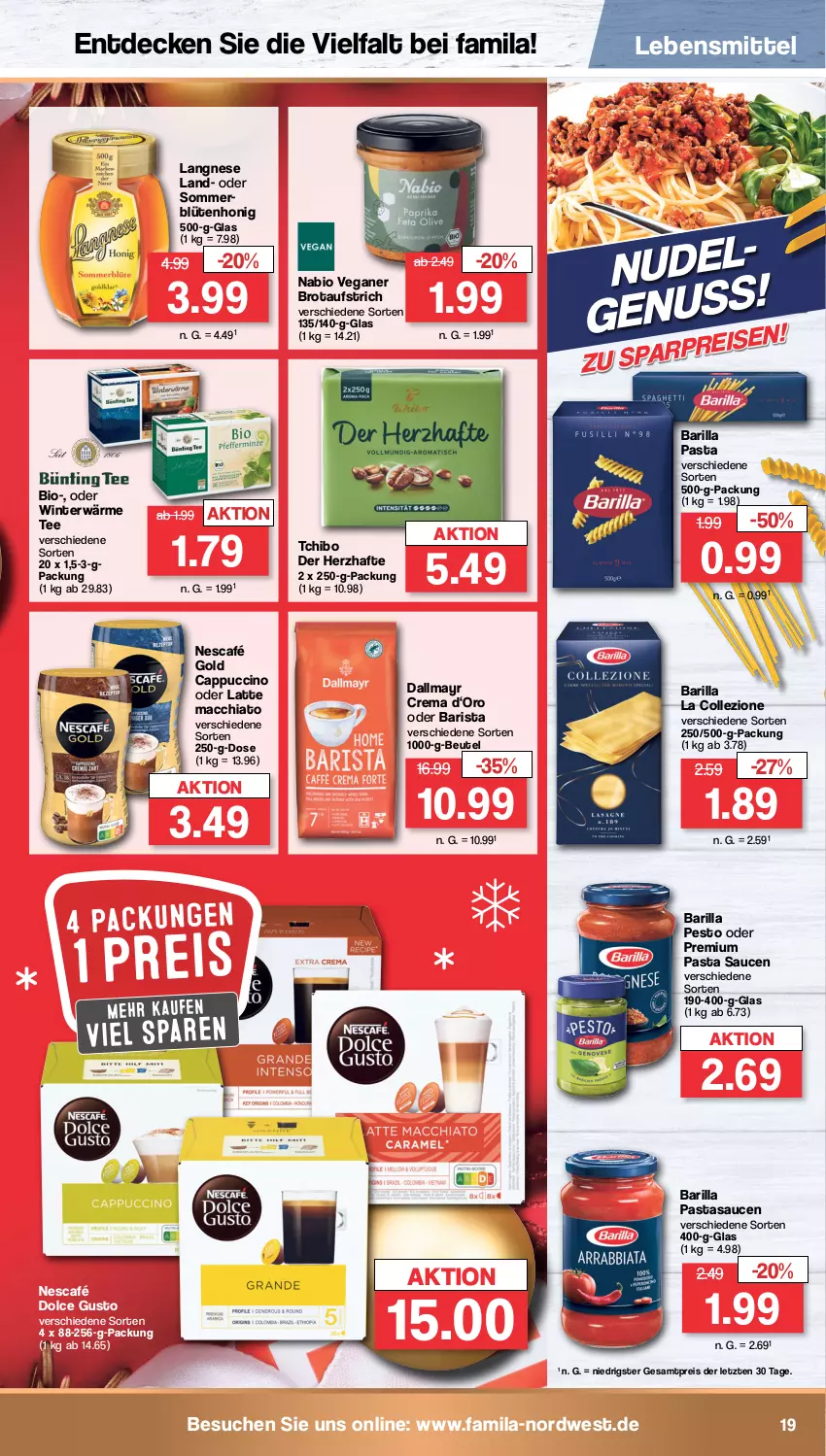 Aktueller Prospekt Famila - Prospekte - von 05.12 bis 10.12.2022 - strona 19 - produkty: ACC, aufstrich, barilla, beutel, bio, Blüte, blütenhonig, brot, brotaufstrich, Cap, cappuccino, chia, cin, dallmayr, decke, dolce gusto, eis, honig, langnese, latte, latte macchiato, lebensmittel, mac, macchiato, Nescafé, nescafé gold, nudel, pasta, Pasta Sauce, pesto, reis, sauce, saucen, Tchibo, tee, Ti, ZTE