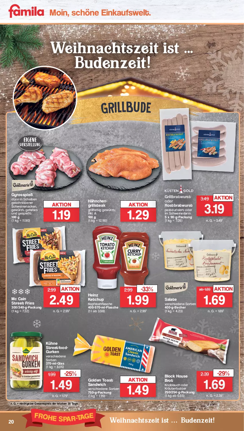 Aktueller Prospekt Famila - Prospekte - von 05.12 bis 10.12.2022 - strona 20 - produkty: Becher, bratwurst, brot, butter, eis, flasche, gewürz, golden toast, grill, grillbratwurst, gurke, gurken, gyros, heinz, ketchup, knoblauch, kräuter, kräuterbutter, Kühne, mc cain, oder kräuter, reis, rostbratwurst, salat, salate, sandwich, schnitten, schwein, schweine, schweinenacken, steak, Ti, toast, wein, weine, wurst, ZTE