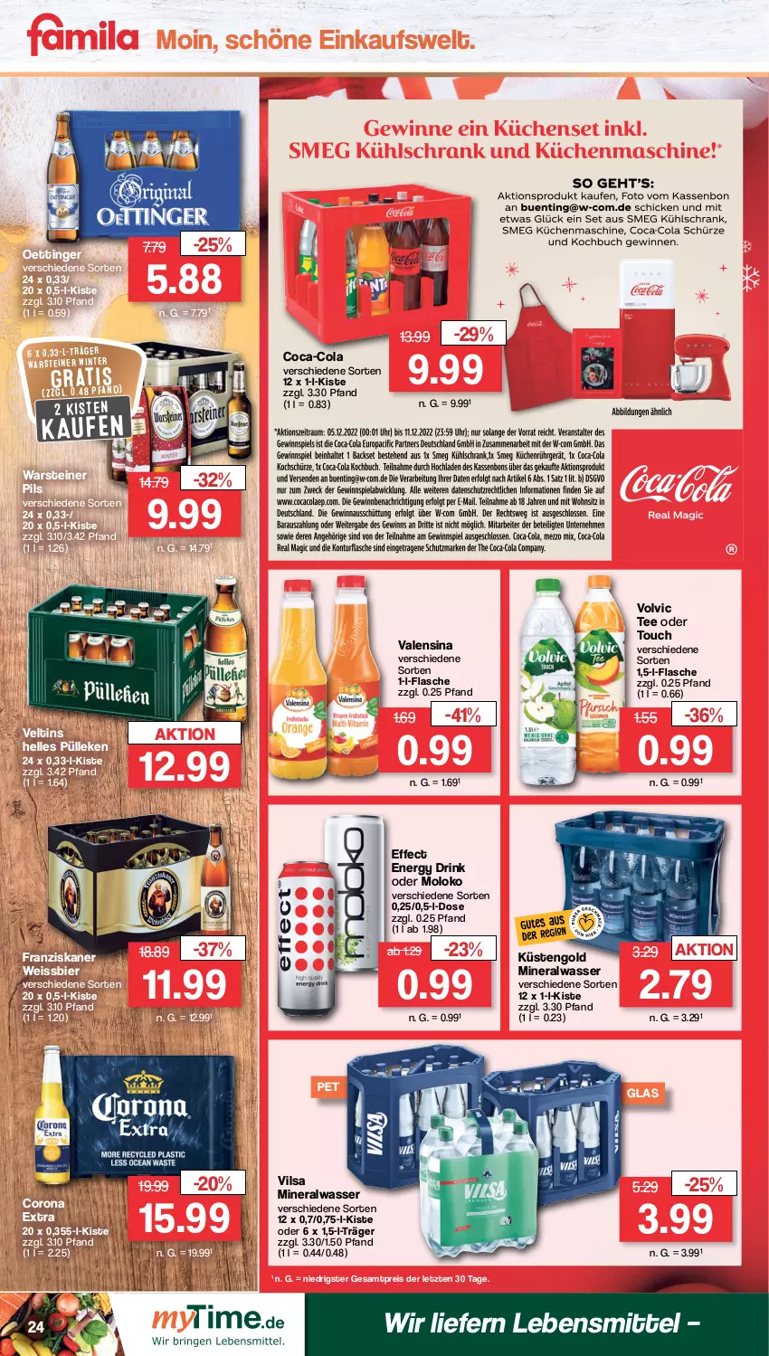 Aktueller Prospekt Famila - Prospekte - von 05.12 bis 10.12.2022 - strona 24 - produkty: Alwa, bier, coca-cola, cola, corona, corona extra, drink, Effect, eis, elle, energy drink, flasche, franziskaner, küstengold, lebensmittel, mineralwasser, oettinger, pils, reis, steiner, tee, Ti, valensina, veltins, vilsa, volvic, warsteiner, wasser, weissbier, ZTE