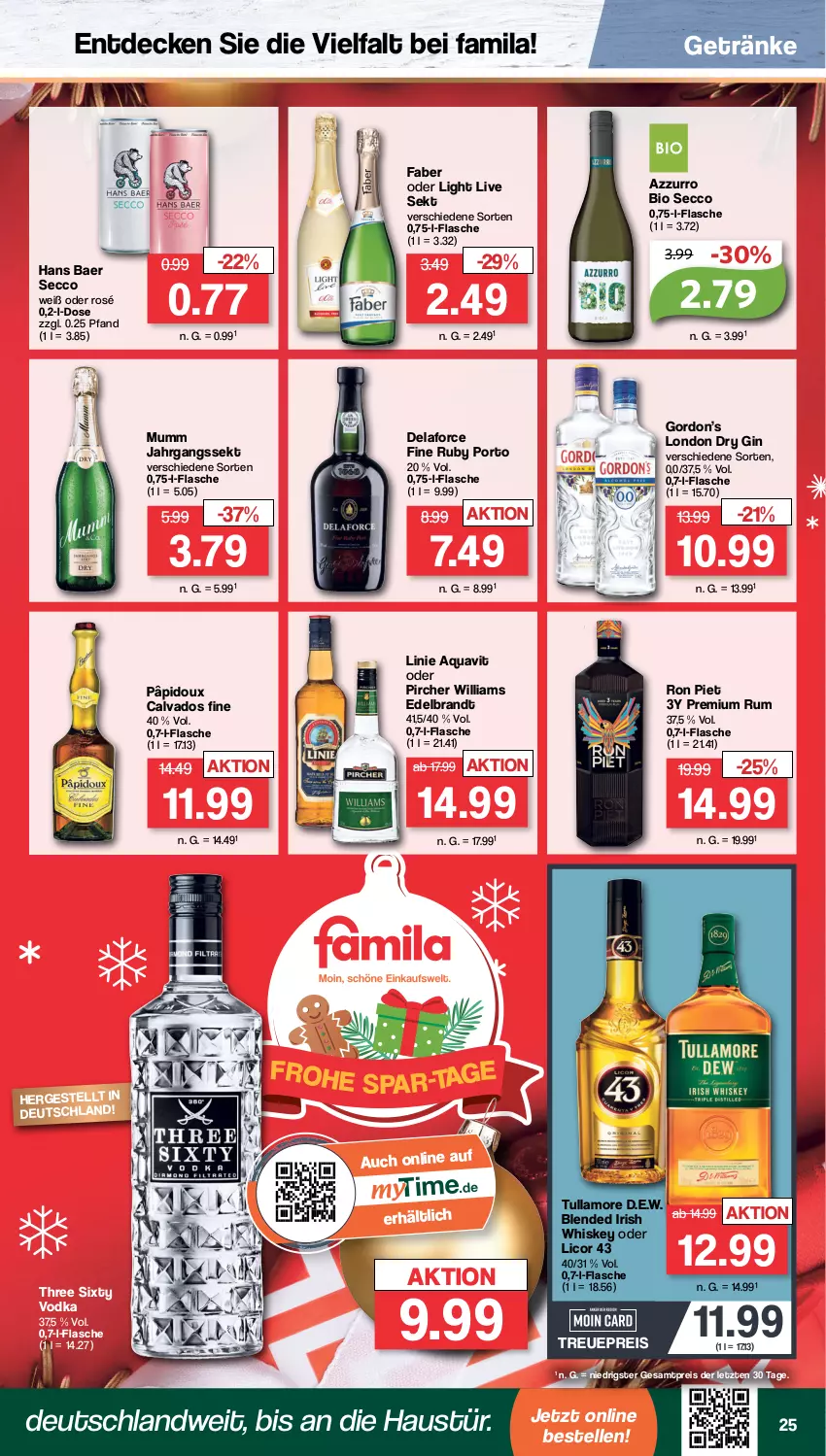 Aktueller Prospekt Famila - Prospekte - von 05.12 bis 10.12.2022 - strona 25 - produkty: aqua, aquavit, aust, bio, brandt, decke, dry gin, ecco, eis, elle, flasche, getränk, getränke, gin, gordon, Gordon’s, irish whiskey, jahrgangssekt, licor, licor 43, london dry, london dry gin, mumm, pircher, reis, rum, sekt, Three Sixty, Ti, tullamore, vodka, whiskey, ZTE