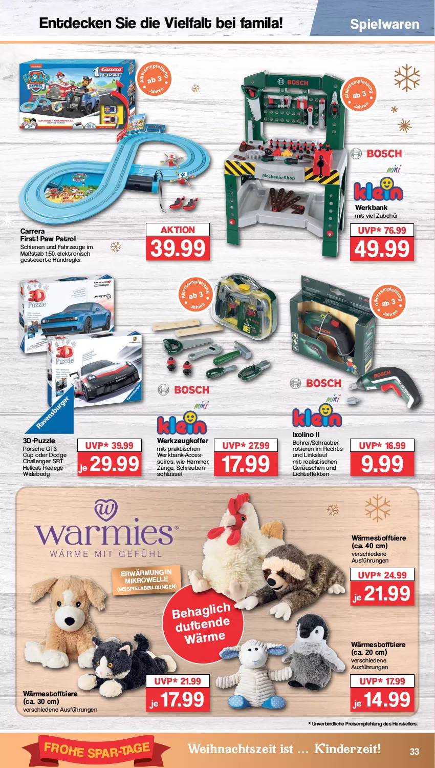 Aktueller Prospekt Famila - Prospekte - von 05.12 bis 10.12.2022 - strona 33 - produkty: ACC, accessoires, Bank, body, Carrera, decke, eis, Elektro, elle, Kinder, koffer, Paw Patrol, Puzzle, reis, schrauben, spielwaren, teller, Ti, Tiere, tisch, werkzeug