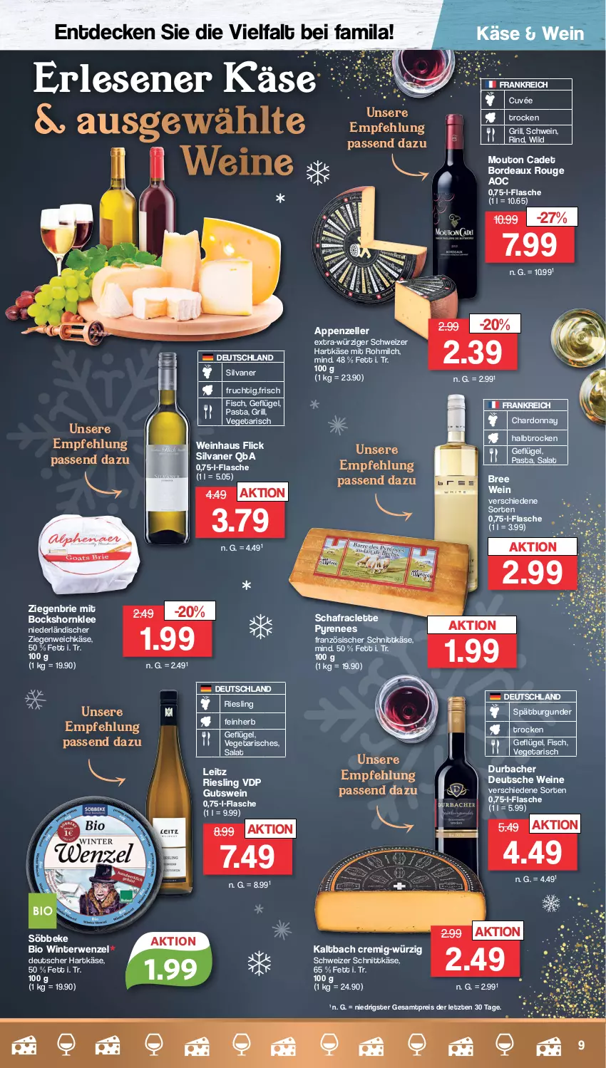 Aktueller Prospekt Famila - Prospekte - von 05.12 bis 10.12.2022 - strona 9 - produkty: appenzeller, bio, bree, brie, burgunder, chardonnay, cuvée, decke, eis, elle, fisch, flasche, frucht, Geflügel, grill, hartkäse, Käse, leitz, milch, pasta, reis, riesling, rind, rouge, rwe, salat, schnittkäse, schwein, schweizer hartkäse, schweizer schnittkäse, silvaner, söbbeke, spätburgunder, Ti, Vegeta, weichkäse, wein, weine, Wild, ZTE