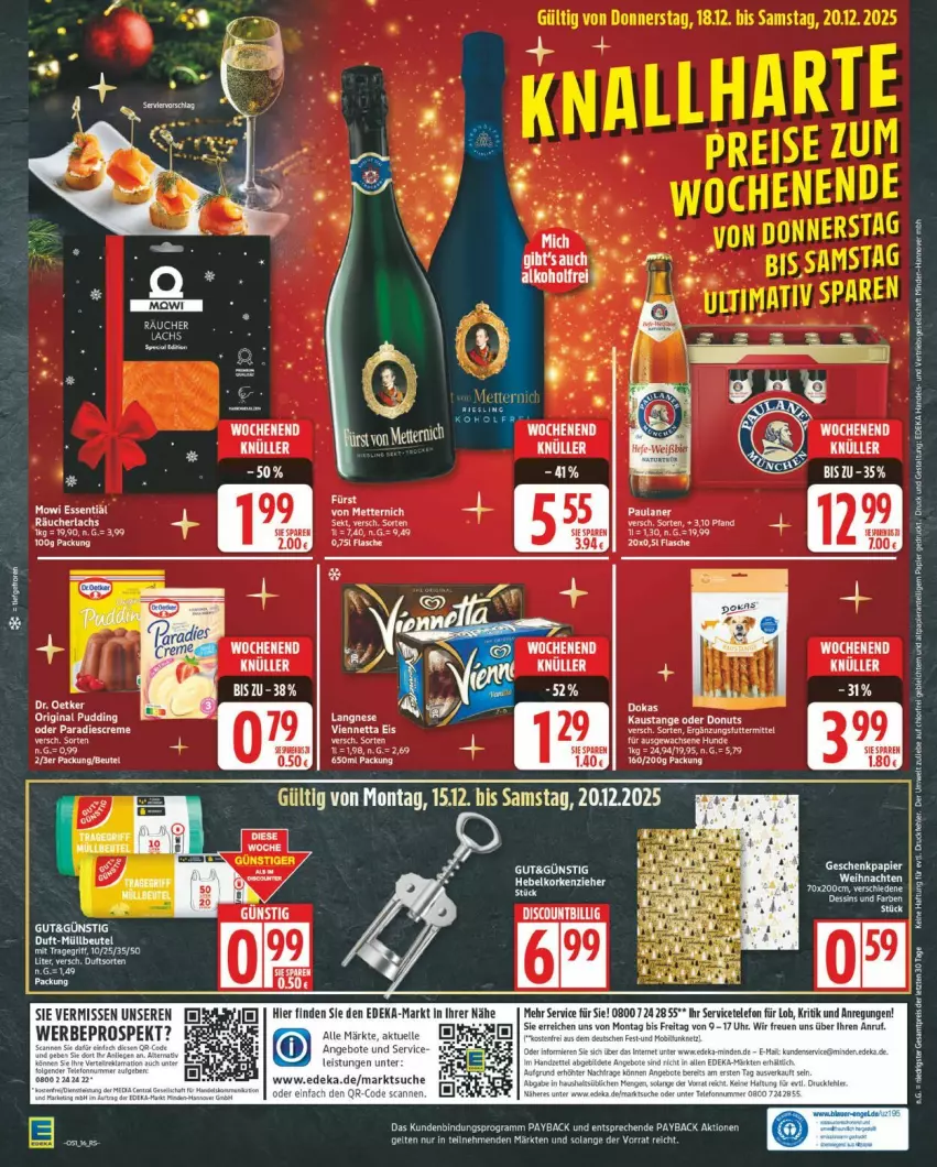Aktueller Prospekt Edeka - Prospekte - von 15.12 bis 20.12.2025 - strona 16 - produkty: angebot, angebote, auer, aust, deka, discount, Donut, donuts, Dr. Oetker, eis, elle, flasche, lachs, langnese, Mett, metternich, Paula, paulaner, Räucherlachs, telefon, Ti, tragegriff, uhr, viennetta