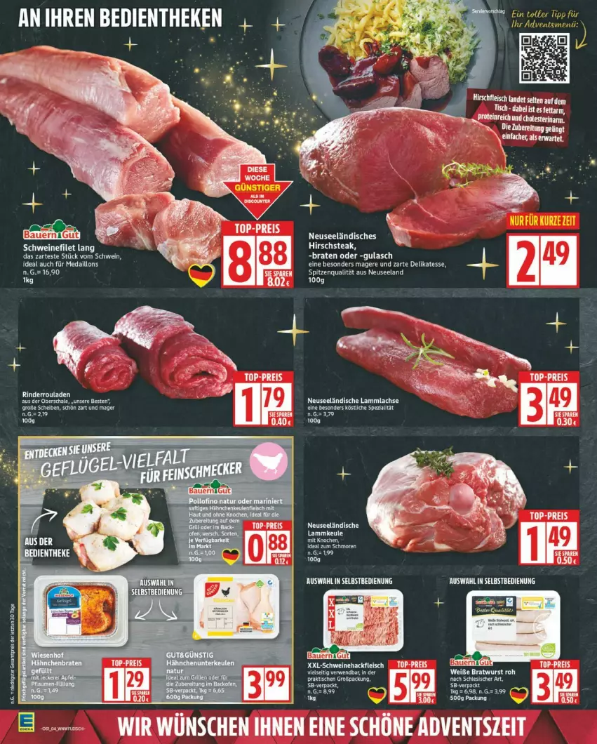 Aktueller Prospekt Edeka - Prospekte - von 15.12 bis 20.12.2025 - strona 4 - produkty: auer, Bau, Bauer, beere, beeren, braten, bratwurst, eier, ente, gulasch, lachs, lamm, lammkeule, lammlachse, medaillons, rind, rinder, Rinderroulade, rinderrouladen, rouladen, tee, Ti, tisch, wurst