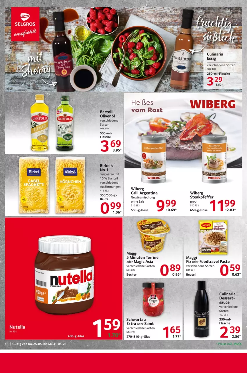 Aktueller Prospekt Selgros - Food - von 25.05 bis 31.05.2023 - strona 18 - produkty: Becher, beutel, birkel, culinaria, dessert, essig, flasche, gewürz, Gewürzmischung, grill, maggi, olive, oliven, olivenöl, pfeffer, Ria, salz, sauce, Schwartau, spaghetti, steak, tee, teigwaren, terrine, Ti