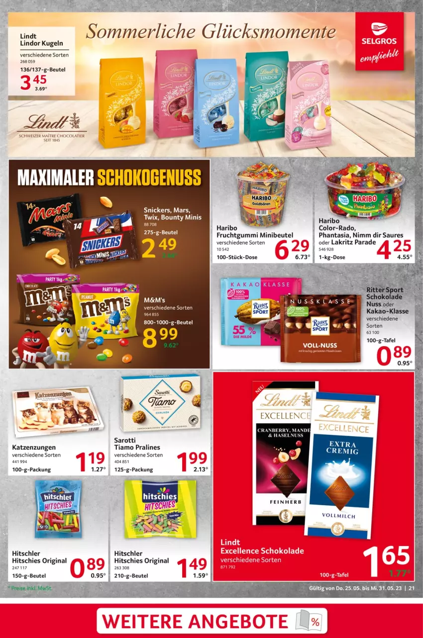 Aktueller Prospekt Selgros - Food - von 25.05 bis 31.05.2023 - strona 21 - produkty: beutel, bounty, cola, cranberry, frucht, fruchtgummi, gin, haribo, haselnuss, hitschler, Kugel, Lakritz, lindor, mars, nuss, oder lakritz, saro, sarotti, snickers, Ti, twix