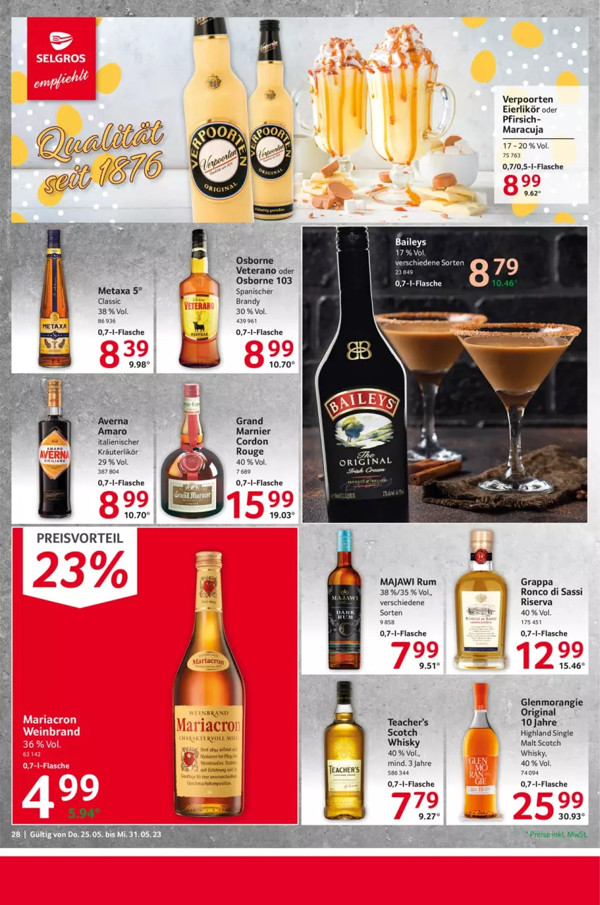 Aktueller Prospekt Selgros - Food - von 25.05 bis 31.05.2023 - strona 28 - produkty: amaro, averna, eier, eierlikör, eis, ente, flasche, gin, grappa, kräuter, kräuterlikör, likör, lion, maracuja, Metaxa, osborne, pfirsich, preisvorteil, reis, riserva, rouge, rum, rwe, scotch, tee, verpoorten, whisky