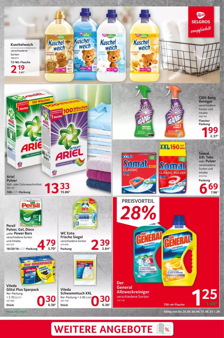 Aktueller Prospekt Selgros - Food - von 25.05 bis 31.05.2023 - strona 29 - produkty: ariel, colorwaschmittel, ente, Fettlöser, flasche, Kuschelweich, persil, schwamm, Schwammtuch, Ti, tuc, vileda, waschmittel, wc ente