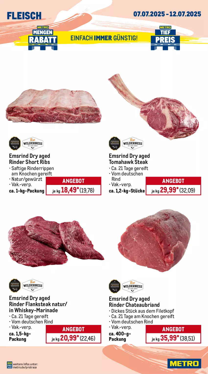 Aktueller Prospekt Metro - Wochen-Angebote - von 07.07 bis 12.07.2025 - strona 4 - produkty: Abtei, angebot, angebote, aqua, chateau, eis, filet, fisch, fische, Fischer, Flanksteak, fleisch, frischfisch, garnelen, gewürz, kabeljaufilet, lachs, marinade, Metro, natur, reis, Ria, rind, rinder, Rinderrippen, Rippen, saft, Saibling, Schere, Seesaiblingsfilet, steak, steaks, Ti, tiefpreis, whiskey, Wild
