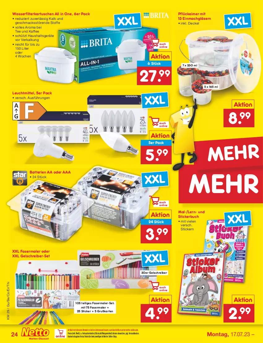 Aktueller Prospekt Netto Marken-Discount - Filial-Angebote - von 17.07 bis 22.07.2023 - strona 24 - produkty: batterie, batterien, buch, decke, Deckel, eimer, eis, fasermaler, filterkartuschen, Gläser, Haushaltsgeräte, kaffee, leuchtmittel, mac, ndk, reis, Stickerbuch, tee, Ti, wasser, wasserfilter