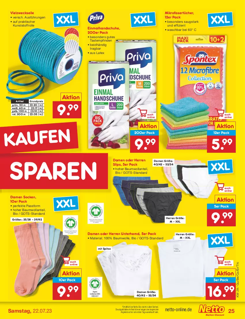 Aktueller Prospekt Netto Marken-Discount - Filial-Angebote - von 17.07 bis 22.07.2023 - strona 25 - produkty: angebot, Bau, baumwolle, bio, eis, handschuhe, hemd, mikrofaser, Mikrofasertücher, reis, Ria, schuhe, slip, slips, socken, Ti, tisch, tücher, Unterhemd, Vielzweckseil, weck, wolle, ZTE