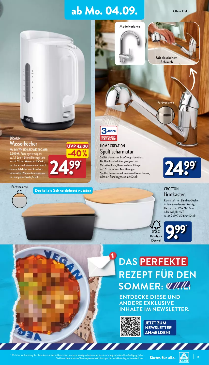 Aktueller Prospekt Aldi Nord - Von Montag - von 04.09 bis 09.09.2023 - strona 11 - produkty: armatur, asti, auto, bambus, braun, brause, brauseschlauch, brot, Brotkasten, chili, Crofton, decke, Deckel, dell, elle, gin, Kocher, messer, Mode, rezept, Ria, Schal, schlauch, schneidebrett, Spültischarmatur, Ti, tisch, wasser, wasserkocher, ZTE