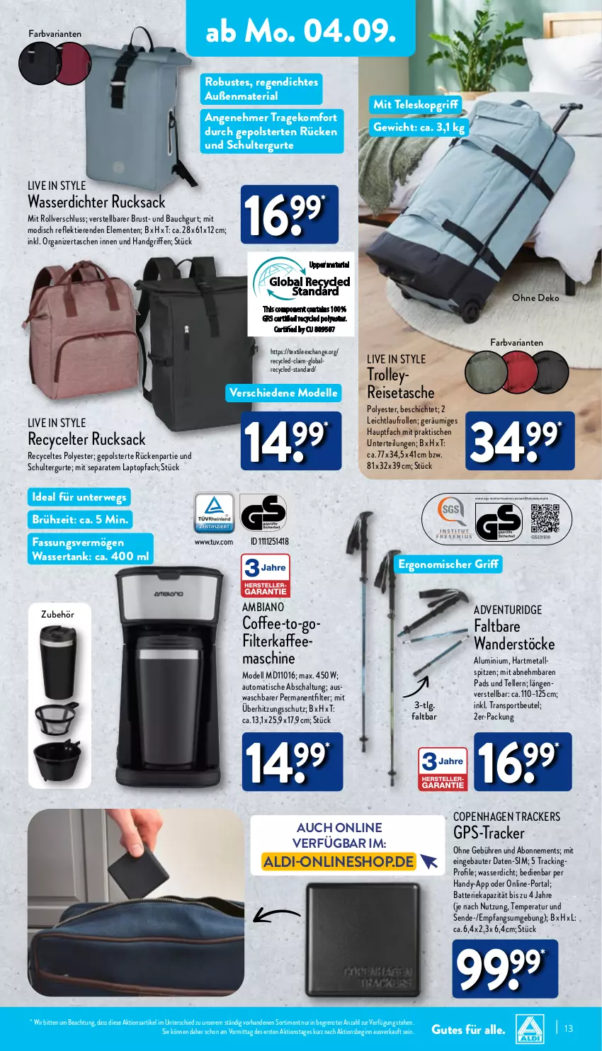 Aktueller Prospekt Aldi Nord - Von Montag - von 04.09 bis 09.09.2023 - strona 13 - produkty: aldi, ambia, auto, batterie, Bau, beutel, dell, eis, elle, ente, filterkaffee, gin, GPS, Handy, kaffee, Laptop, LG, Mode, reis, reisetasche, Ria, rucksack, rwe, sac, Schal, schultergurt, sim, Sport, Tasche, taschen, Teleskop, teller, Ti, Tiere, tisch, topf, trolley, wasser, wassertank, ZTE