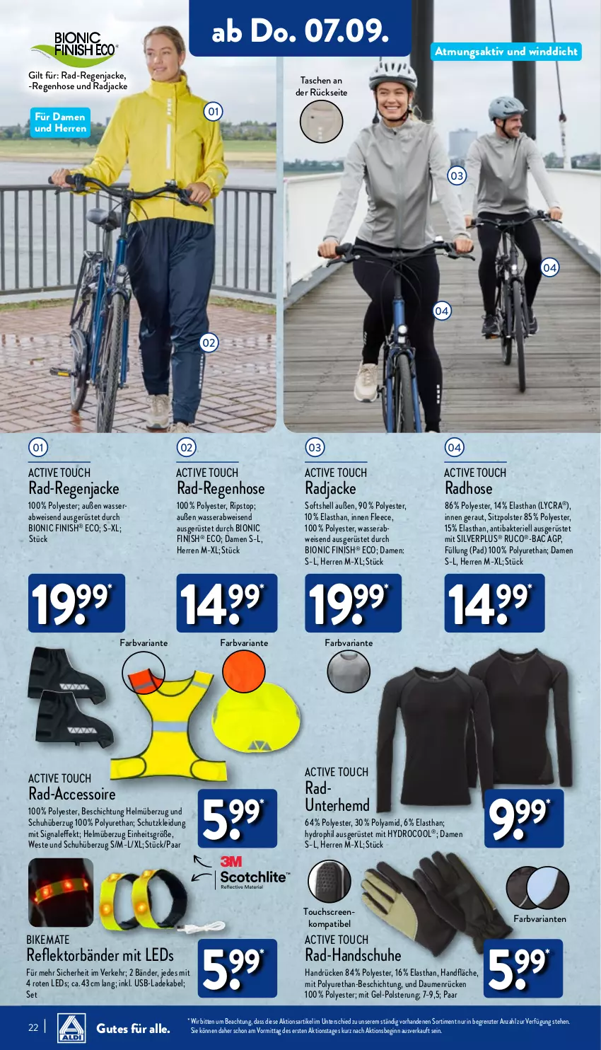 Aktueller Prospekt Aldi Nord - Von Montag - von 04.09 bis 09.09.2023 - strona 22 - produkty: ACC, active touch, bio, deka, eis, Finish, gin, handschuhe, hemd, hose, Jacke, kleid, Kleidung, ladekabel, leds, Ria, schuhe, Signal, Tasche, taschen, Ti, touchscreen, usb, wasser, Weste, ZTE